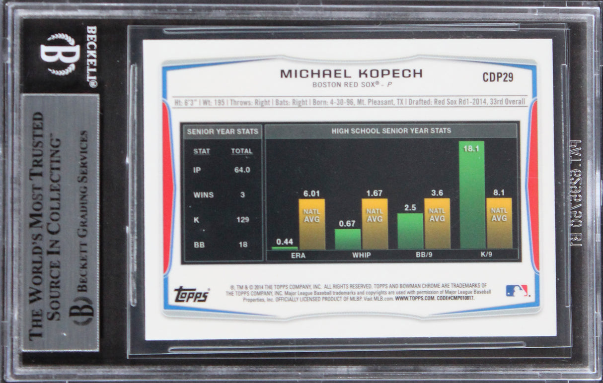Red Sox Michael Kopech Signed 2014 Bowman Chrome Draft Ref #CDP29 Card BAS Slab