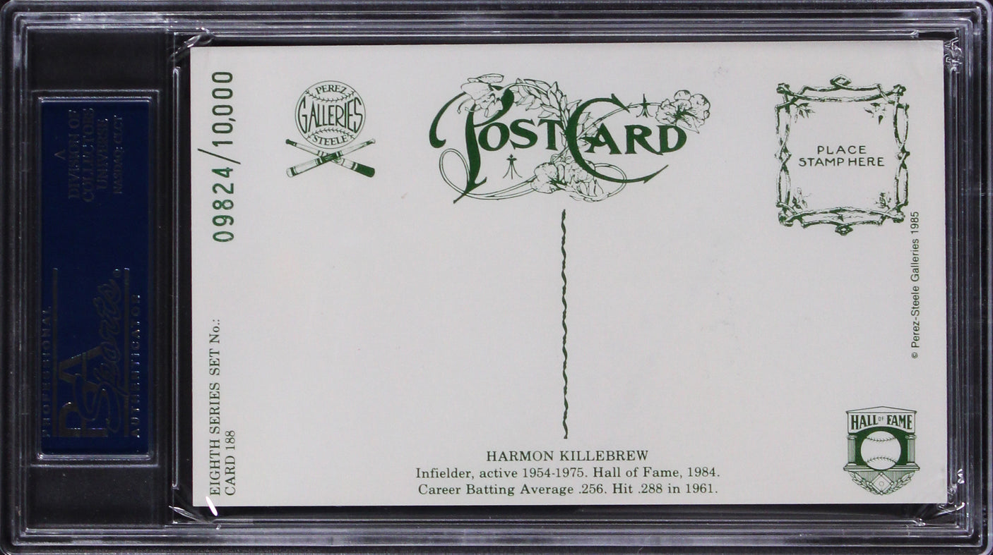 Twins Harmon Killebrew Signed 3.5x5.5 1985 Perez-Steele HOF Postcard PSA Slab