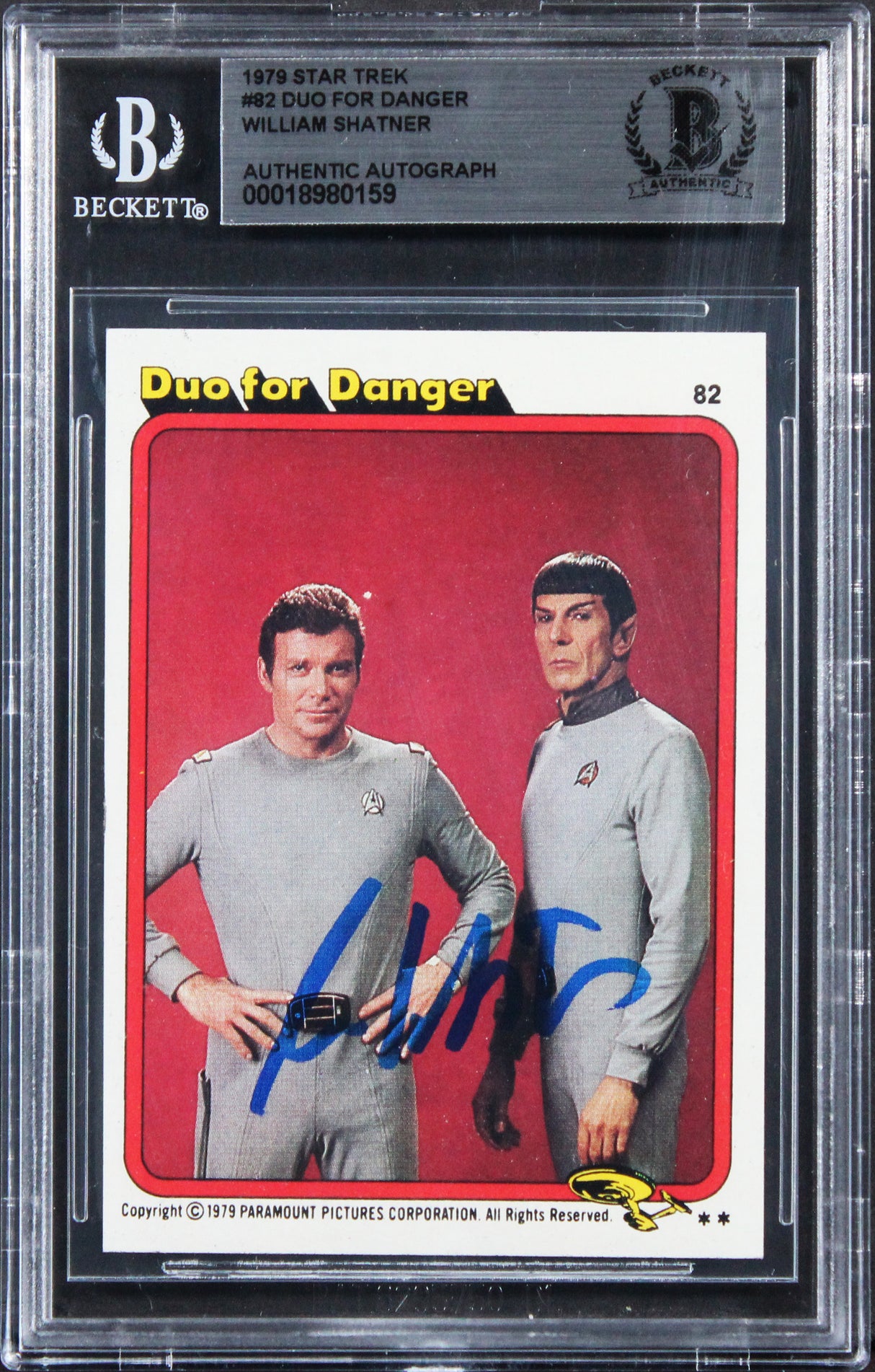 William Shatner Signed 1979 Star Trek #82 Duo For Danger Card BAS Slabbed
