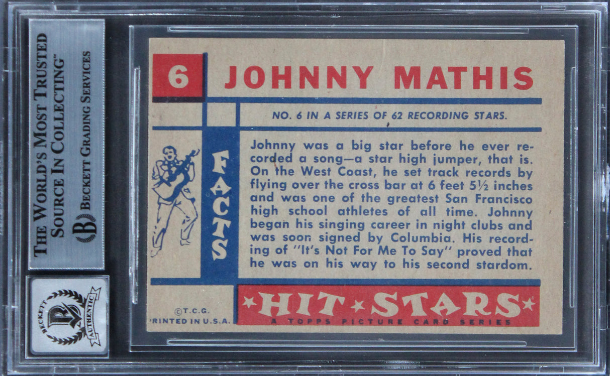 Johnny Mathis Authentic Signed 1957 Topps Hit Stars #6 Card Auto 10! BAS Slabbed