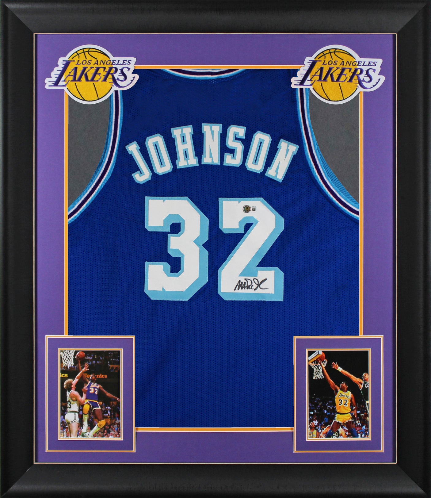 Magic Johnson Signed Blue Throwback Pro Style Framed Jersey BAS Witnessed 2