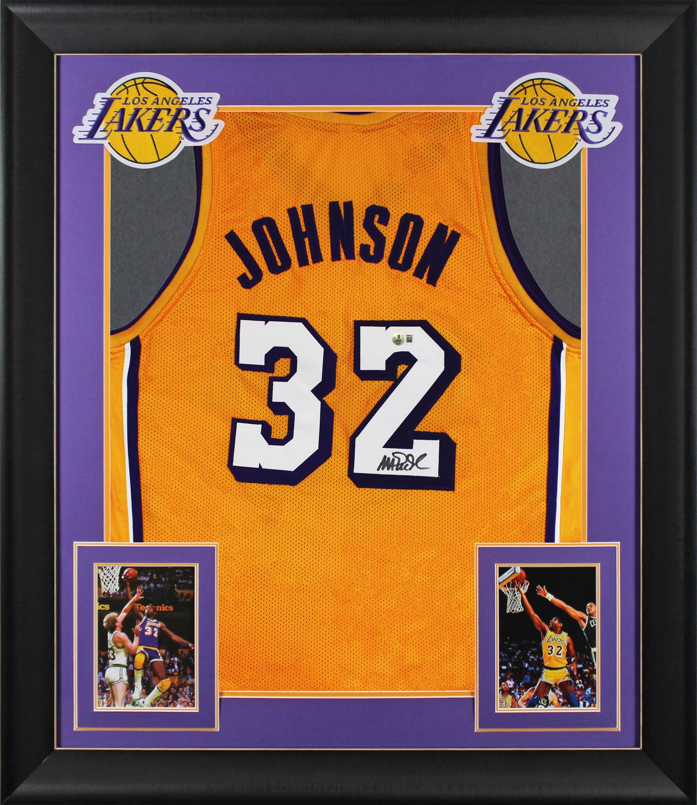 Magic Johnson Signed Yellow Pro Style Framed Jersey w/ White Numbers BAS Wit 2