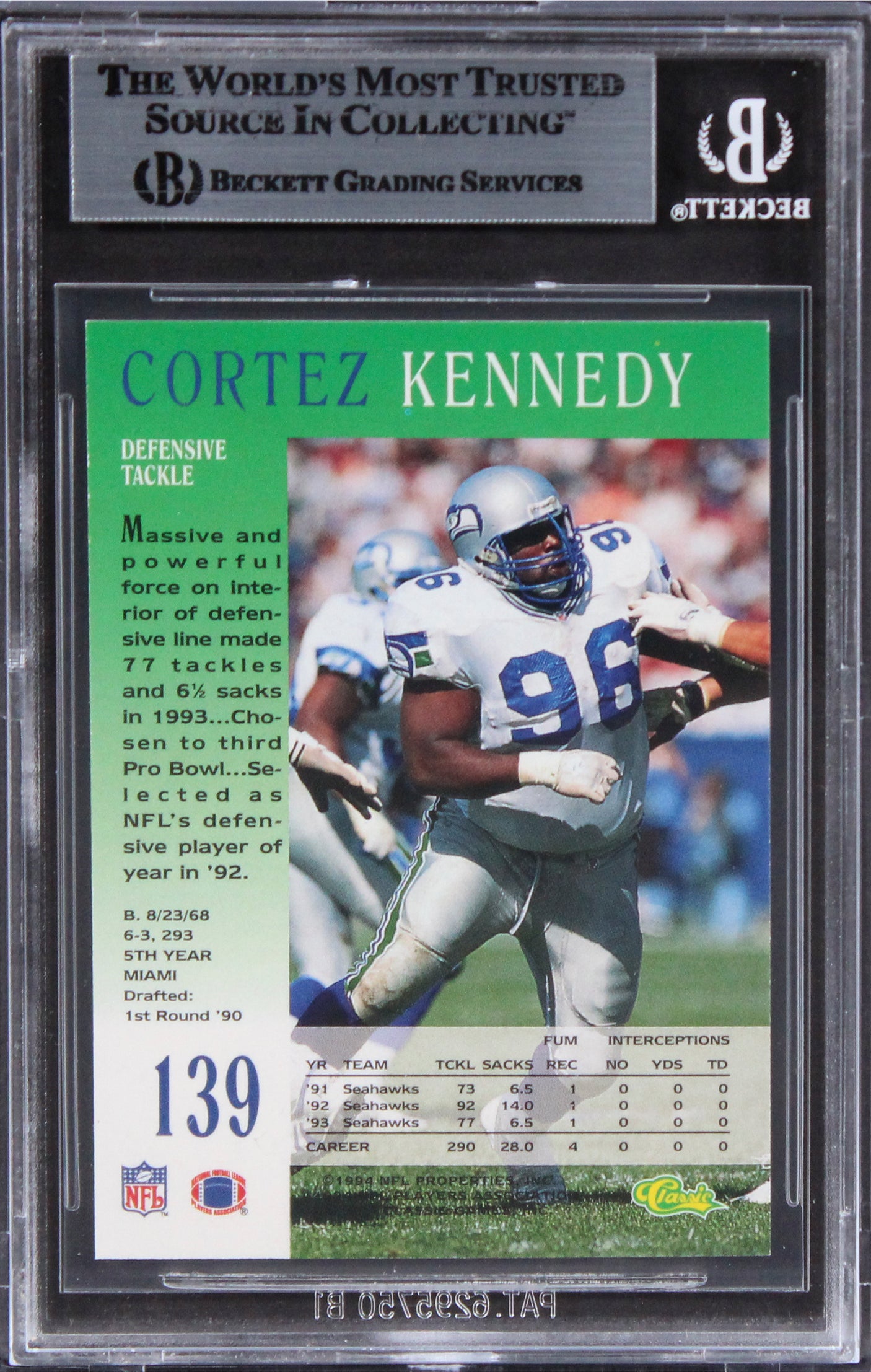 Seahawks Cortez Kennedy Authentic Signed 1994 Pro Line Live #139 Card BAS Slab