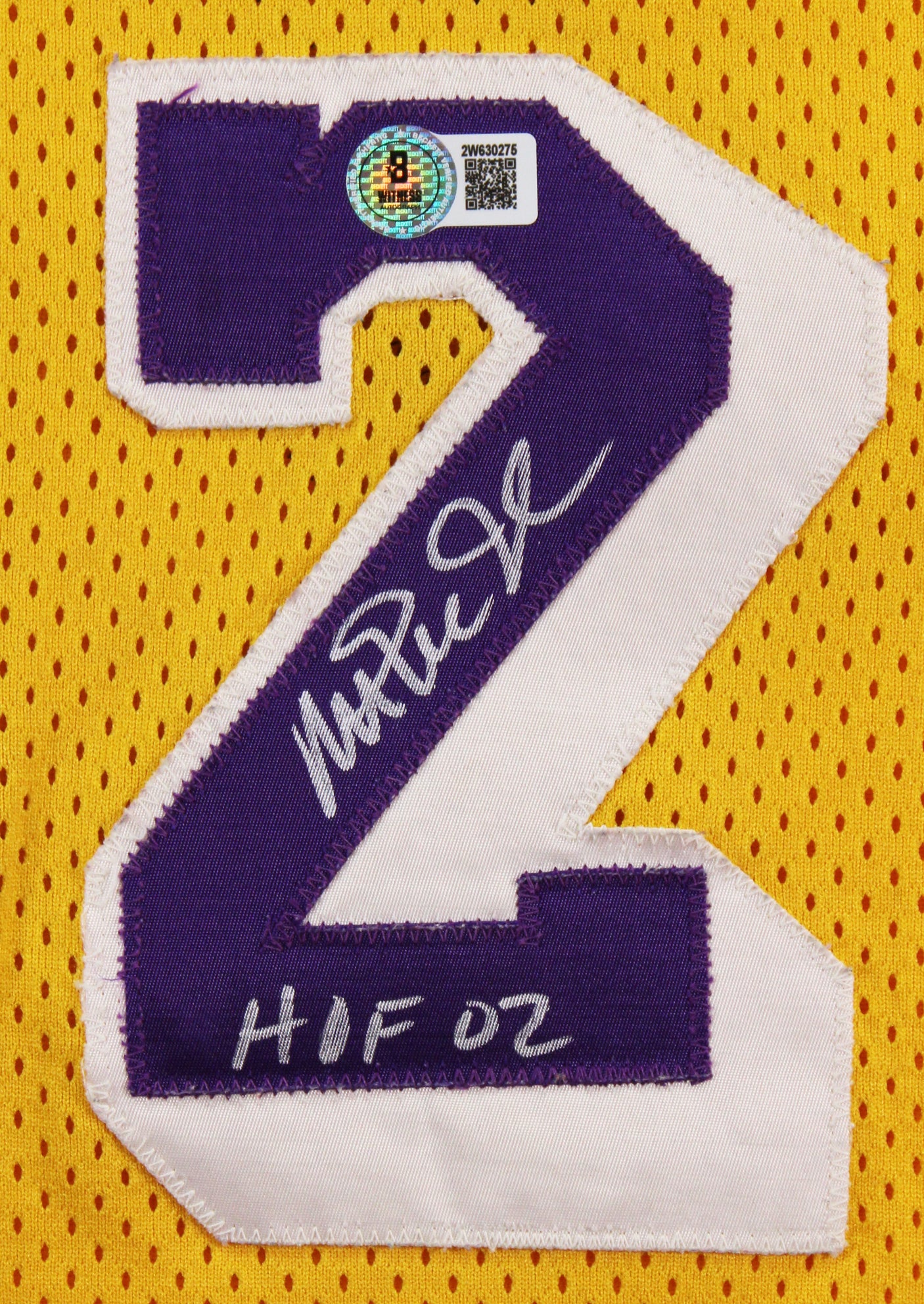 Lakers Magic Johnson "HOF 02" Signed Yellow MacGregor Sand-Knit Jersey BAS Wit 1