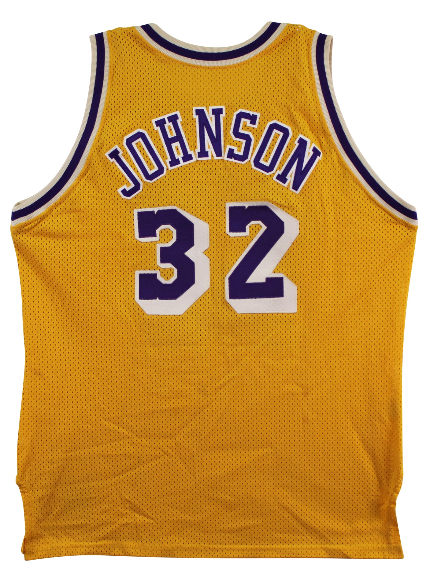 Lakers Magic Johnson "HOF 02" Signed Yellow MacGregor Sand-Knit Jersey BAS Wit 1