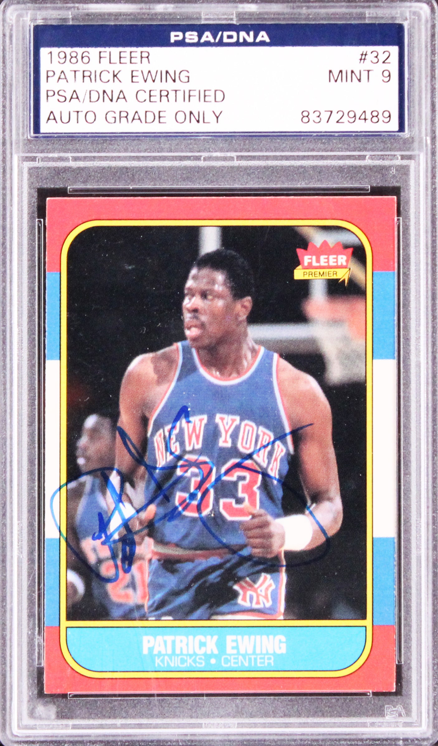 Knicks Patrick Ewing Signed 1986 Fleer RC #32 Card Auto Grade Mint 9! PSA Slab 1