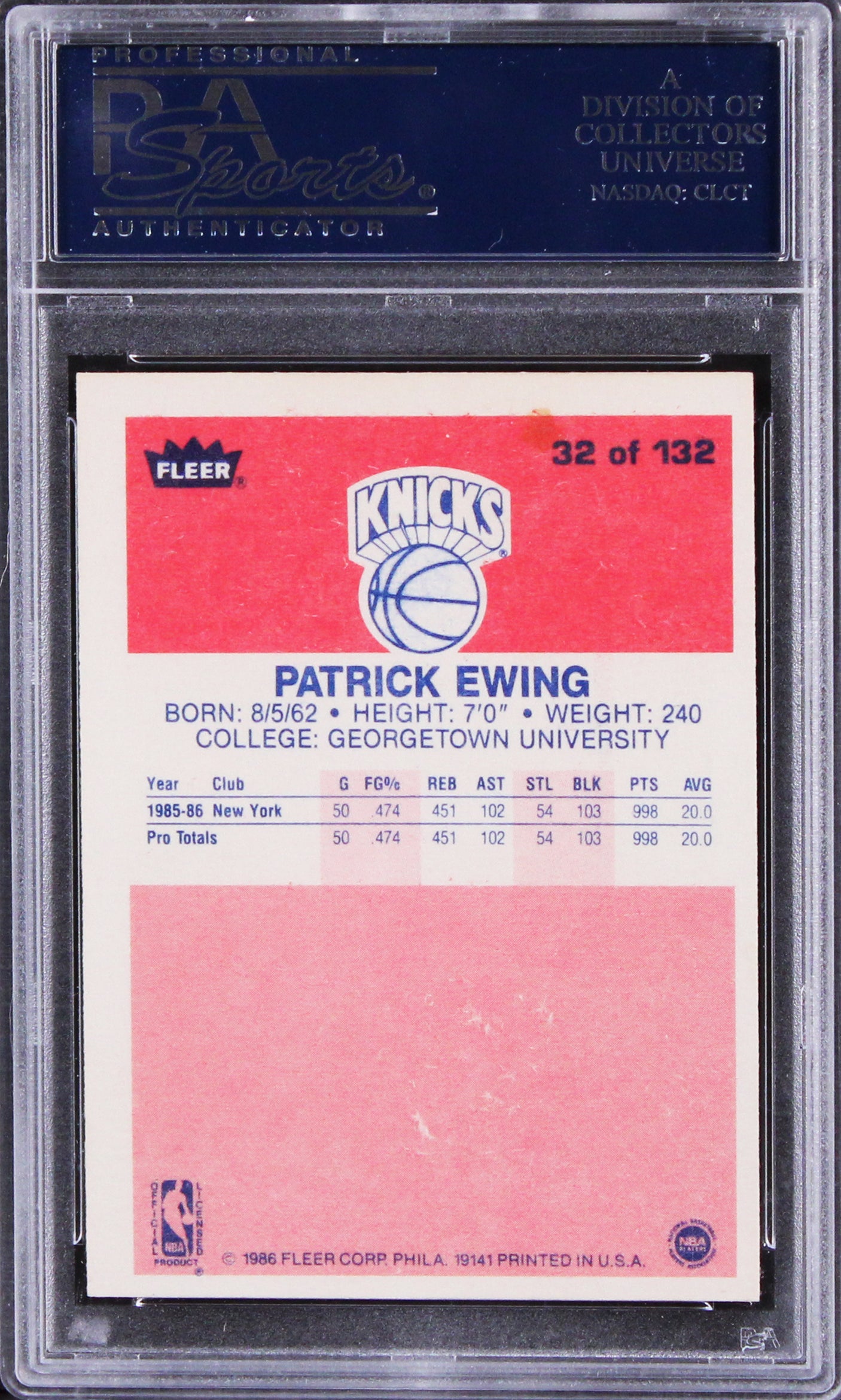 Knicks Patrick Ewing Signed 1986 Fleer RC #32 Card Auto Grade Mint 9! PSA Slab 1