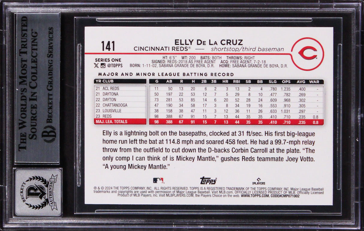 Reds Elly De La Cruz Signed 2024 Topps #141 Rookie Card Auto 10! BAS Slabbed