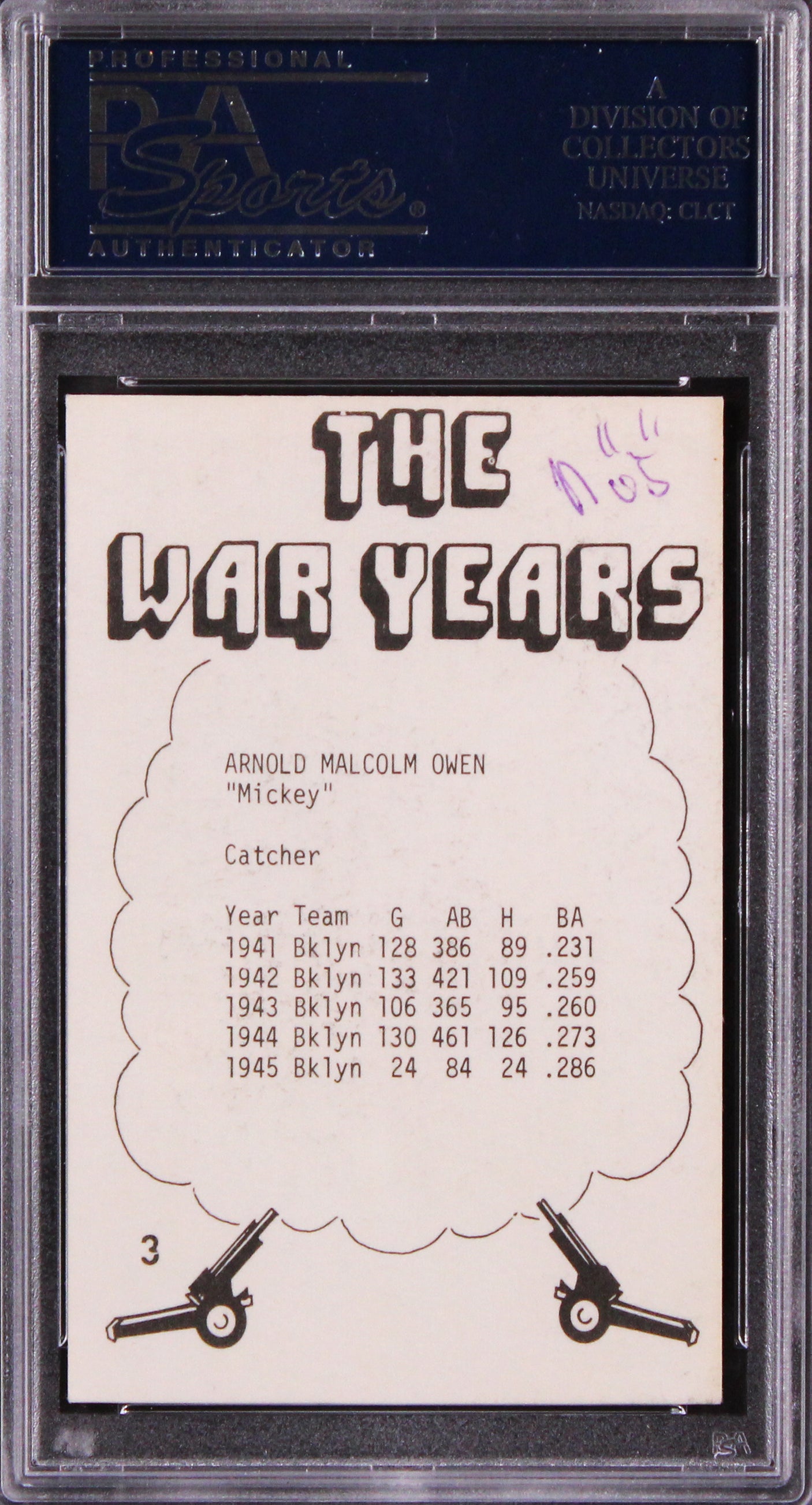 Dodgers Mickey Owen Authentic Signed 1977 TCMA The War Years #3 Card PSA Slab