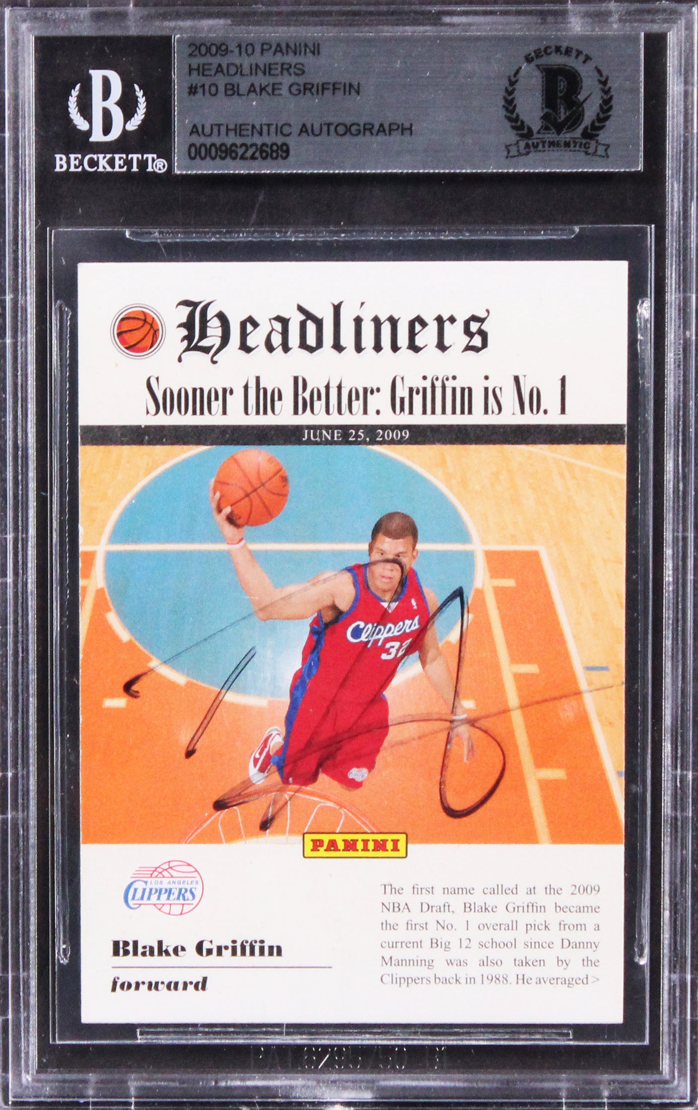 Clippers Blake Griffin Authentic Signed 2009 Panini Headliners #10 Card BAS Slab