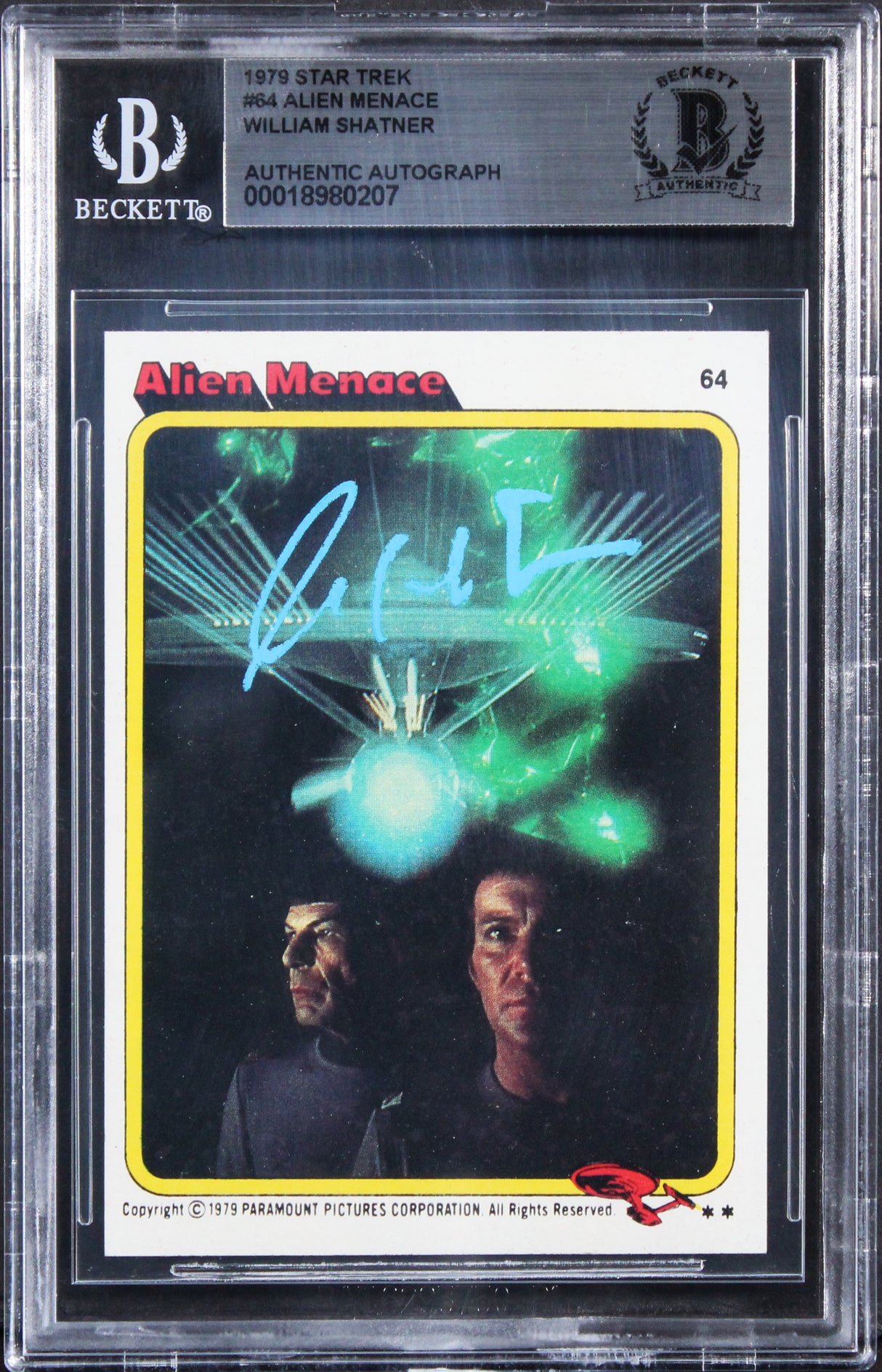 William Shatner Authentic Signed 1979 Star Trek #64 Alien Menace Card BAS Slab