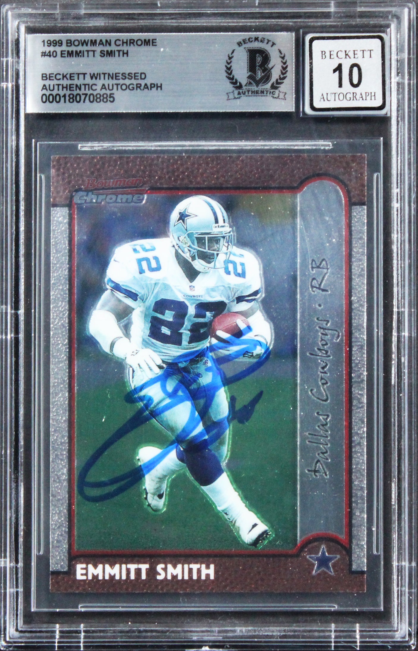 Cowboys Emmitt Smith Signed 1999 Bowman Chrome #40 Card Auto 10! BAS Slabbed 2