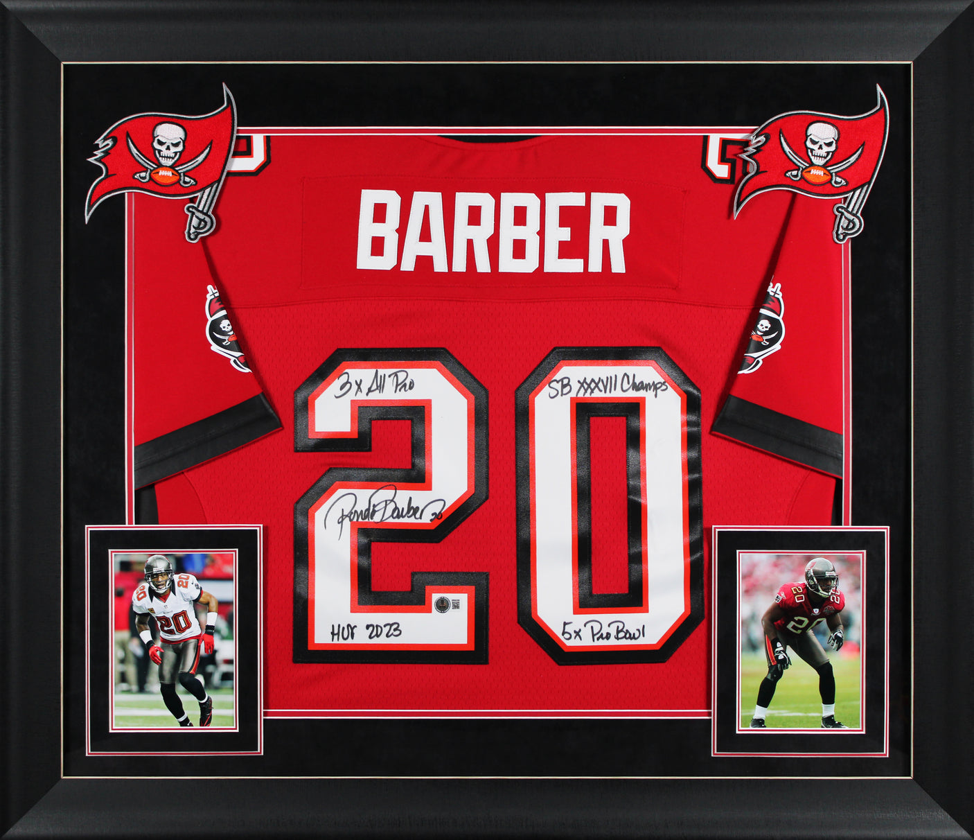 Buccaneers Ronde Barber "4x Insc" Signed Red M&N Throwback Framed Jersey BAS Wit