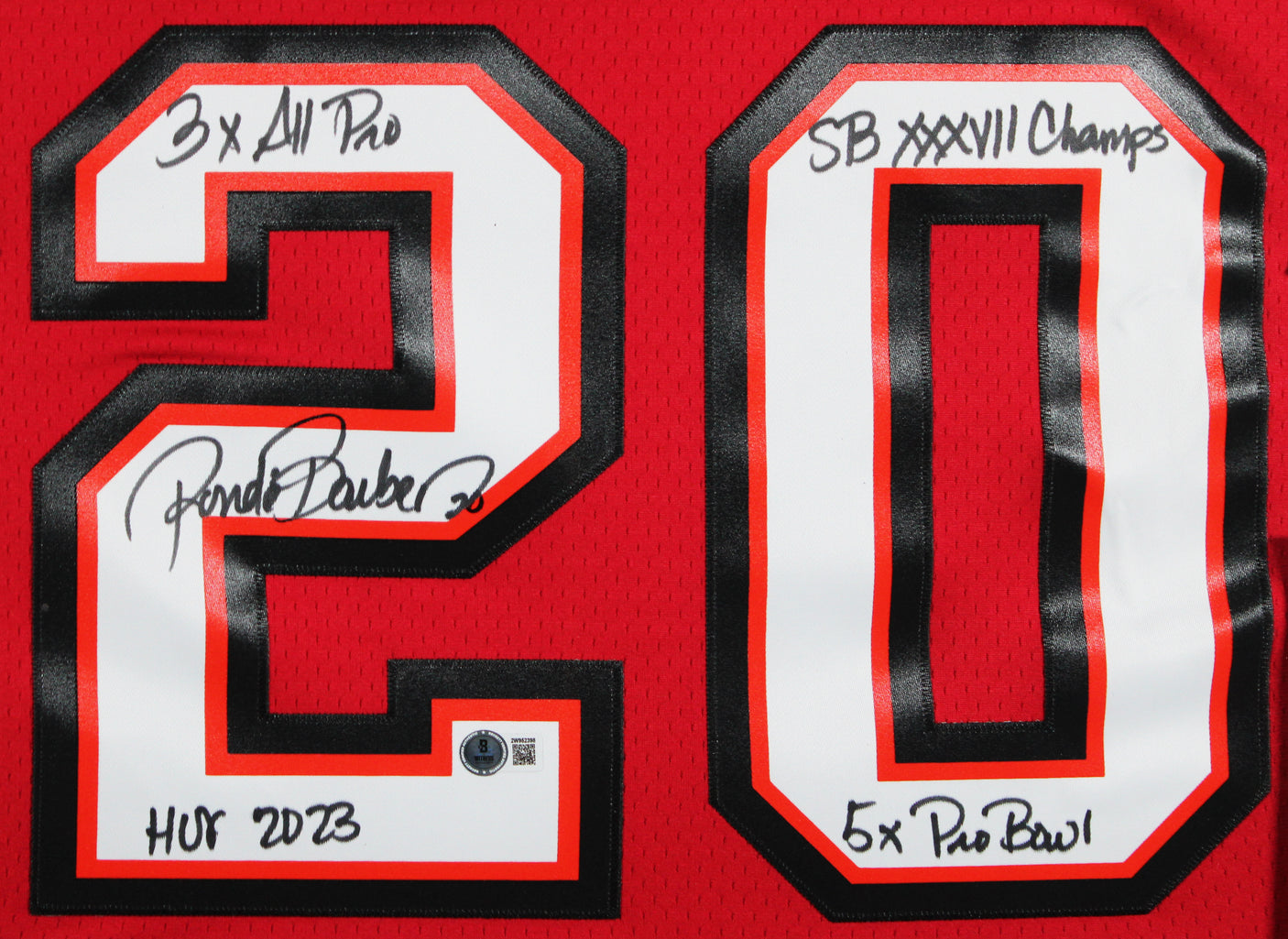 Buccaneers Ronde Barber "4x Insc" Signed Red M&N Throwback Framed Jersey BAS Wit