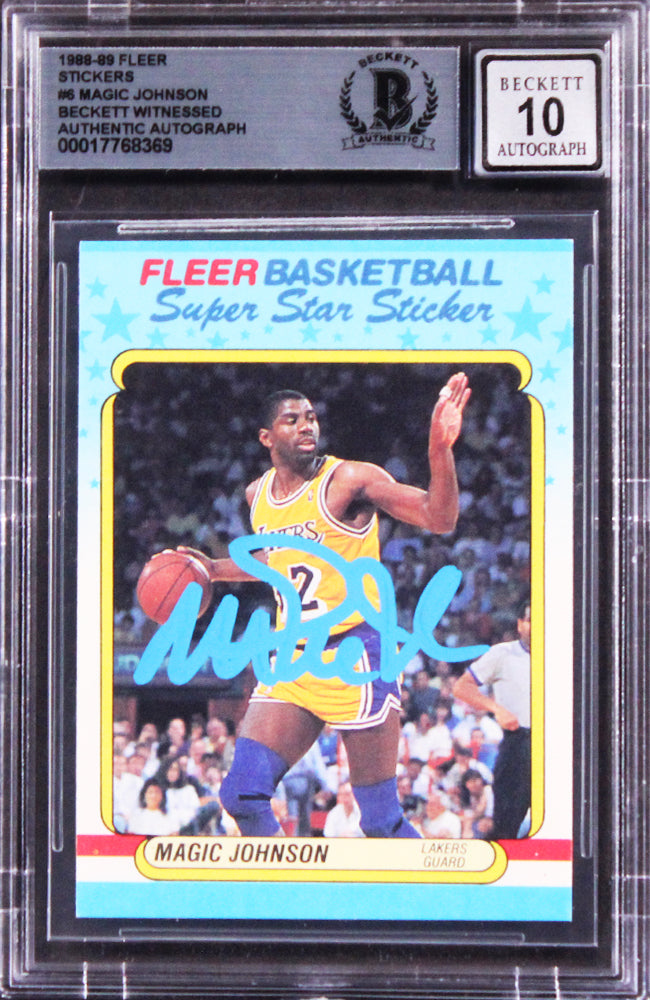 Lakers Magic Johnson Signed 1988 Fleer Stickers #6 Card Auto 10! BAS Slabbed 2