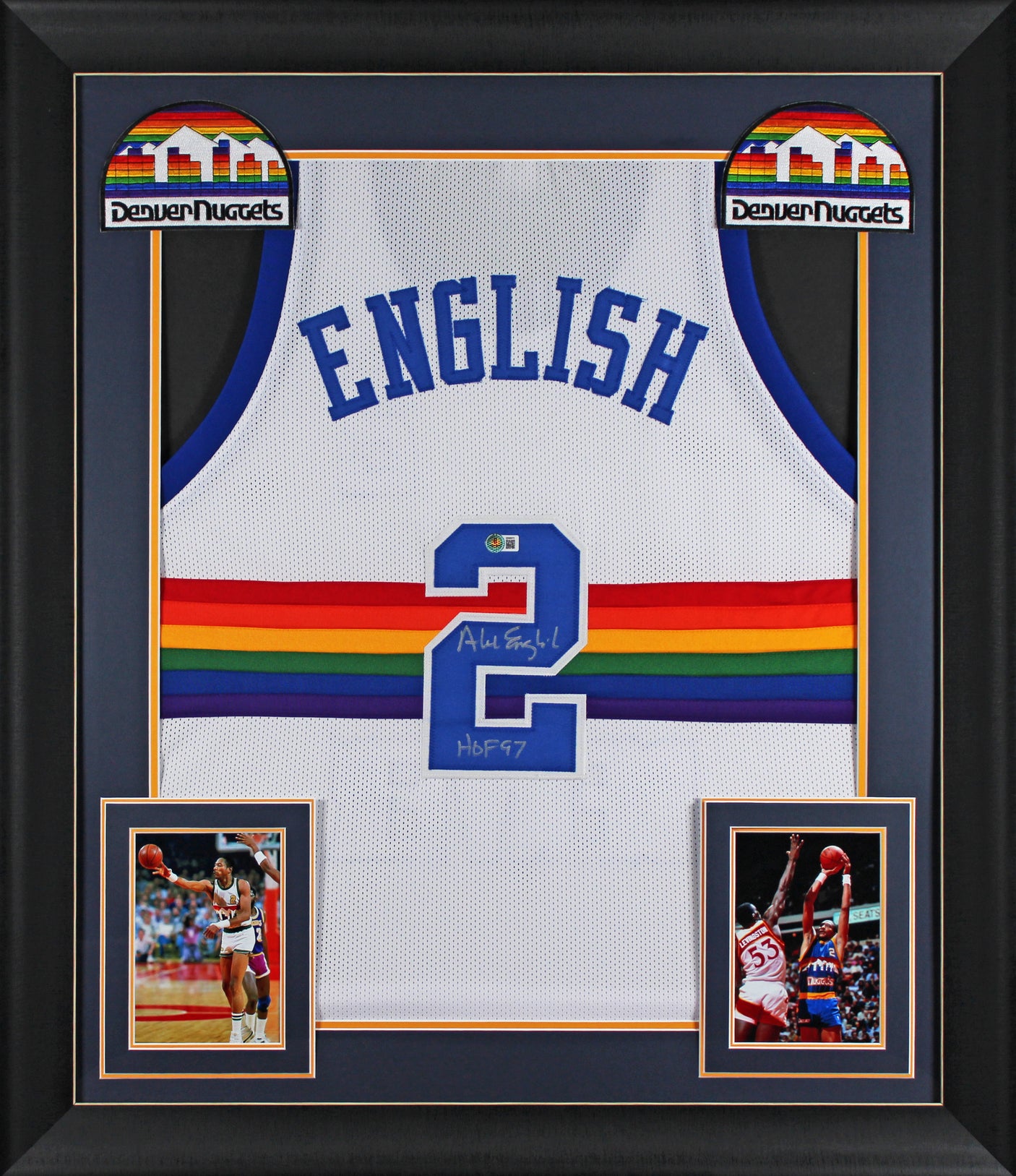 Alex English "HOF 97" Signed White Pro Style Framed Jersey BAS Witnessed