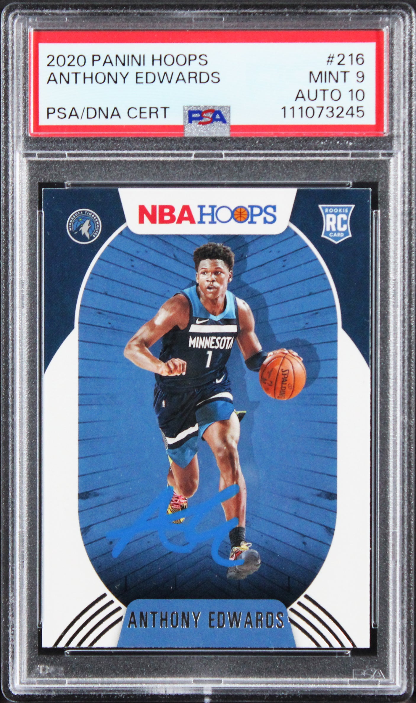 Anthony Edwards Signed 2020 Panini Hoops #216 RC Card 9! Auto 10! PSA/DNA Slab