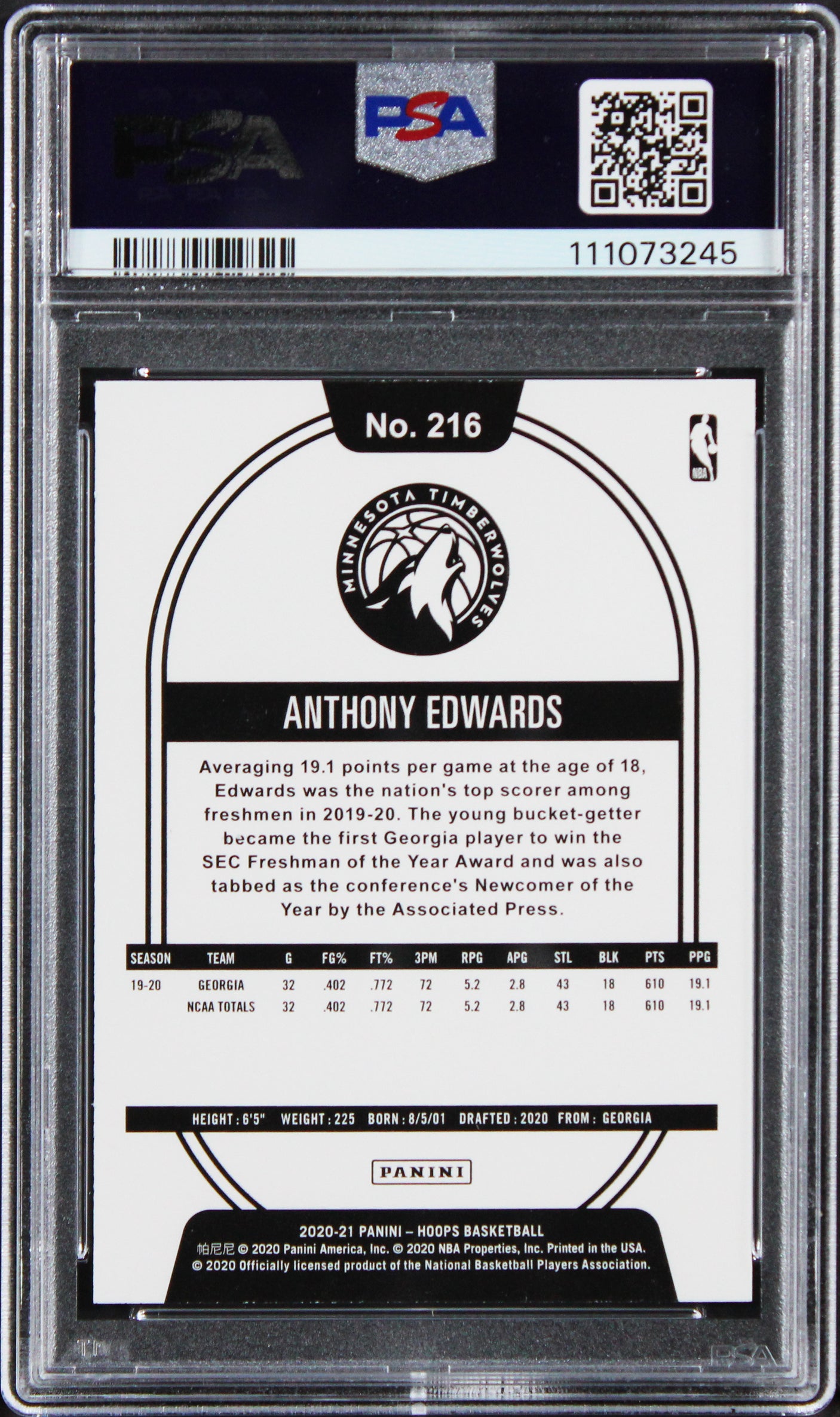 Anthony Edwards Signed 2020 Panini Hoops #216 RC Card 9! Auto 10! PSA/DNA Slab