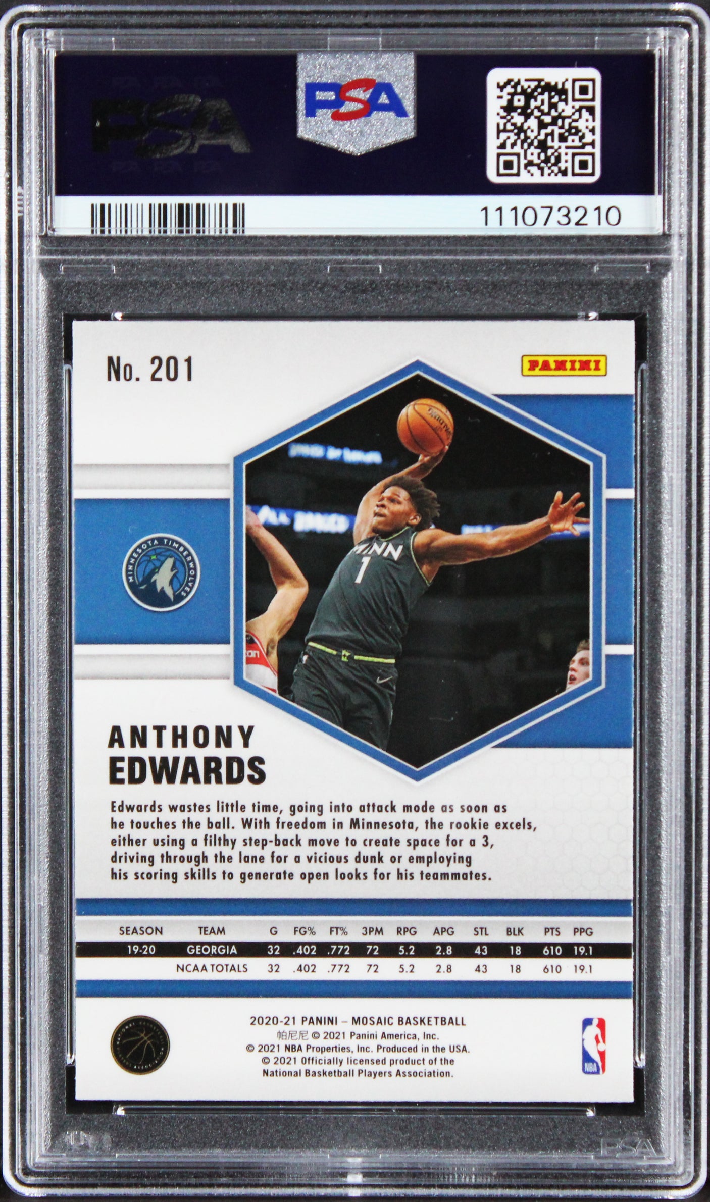 Anthony Edwards Signed 2020 Panini Mosaic #201 RC Card 9! Auto 10! PSA/DNA Slab