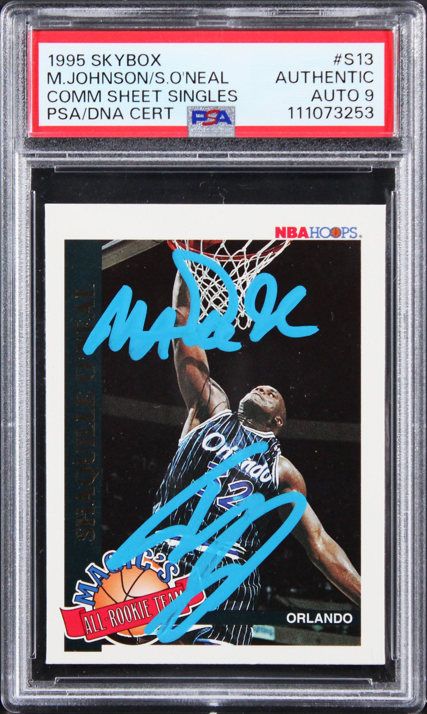 Magic Johnson & Shaquille O'Neal Signed 1995 Skybox #S13 Card Auto 9! PSA Slab