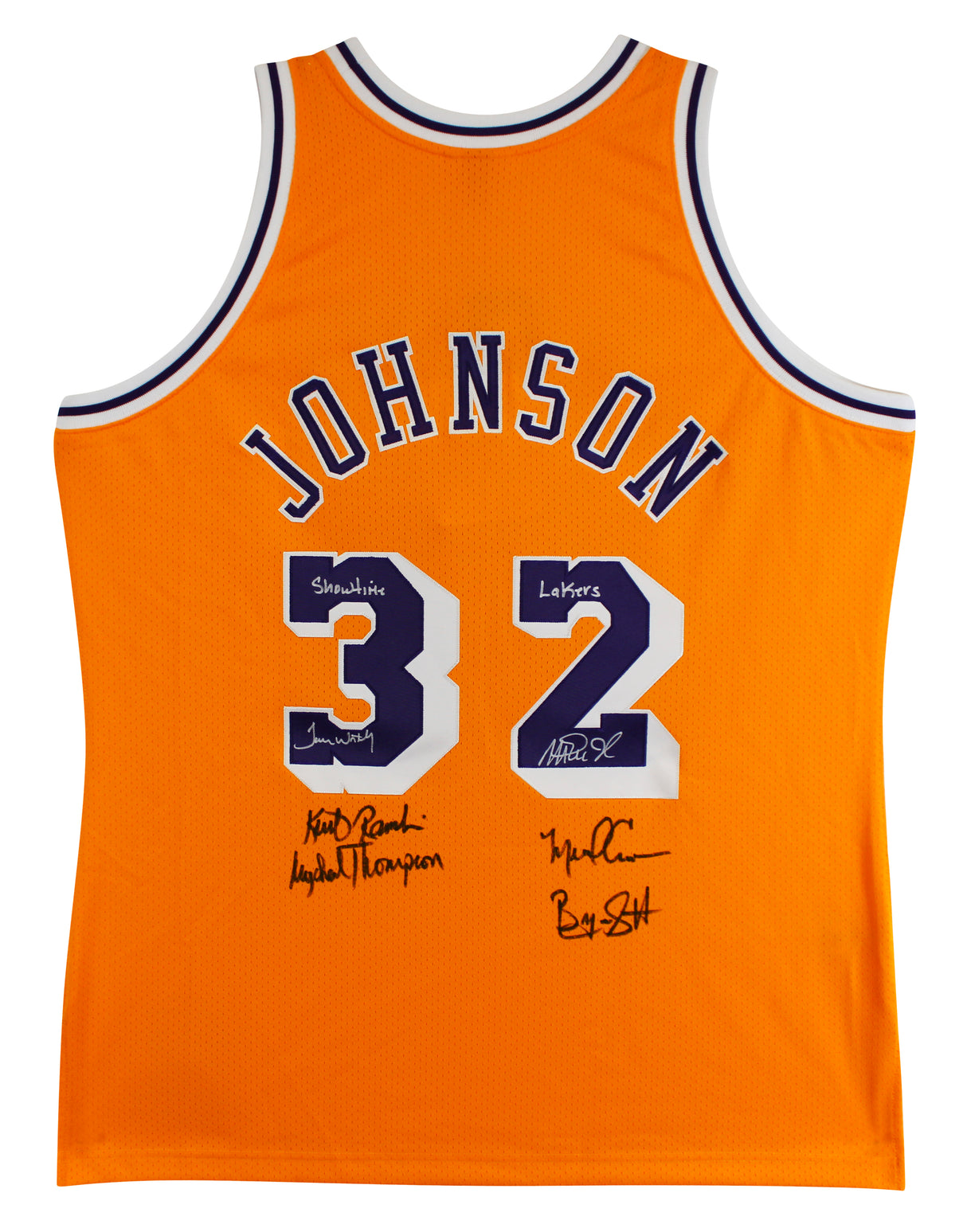 Showtime Lakers (6) Johnson, Worthy +4 Signed Yellow M&N Authentic Jersey BAS W