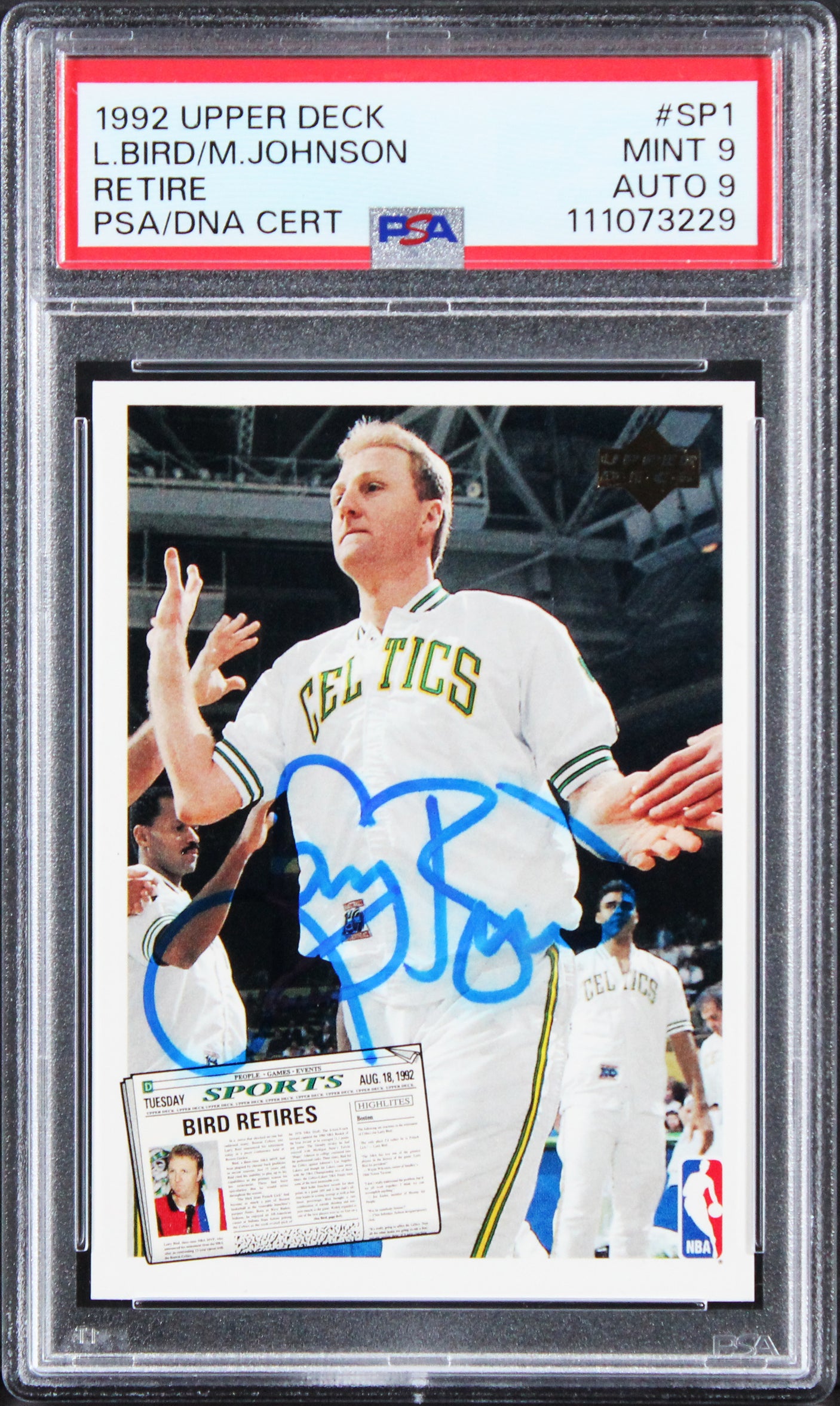 Larry Bird & Magic Johnson Signed 1992 Upper Deck #SP1 Card 9! Auto 10! PSA Slab
