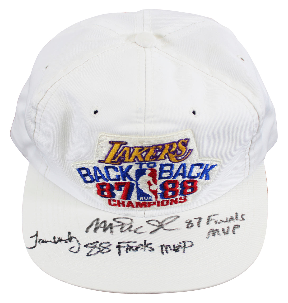 Magic Johnson & James Worthy "Finals MVP" Signed 1987-88 NBA Champions Hat BAS 1