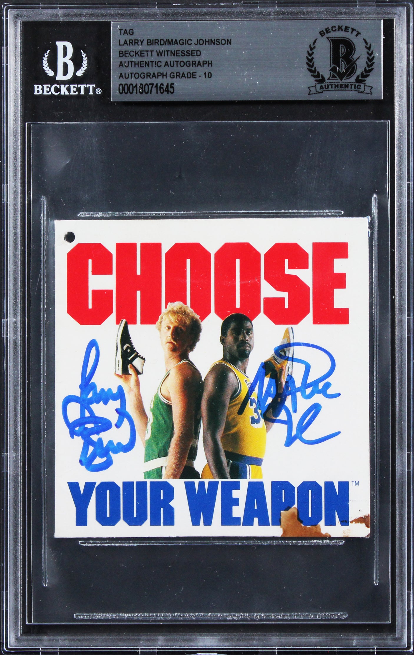 Larry Bird & Magic Johnson Signed Converse Weapon Shoe Tag Auto 10! BAS Slab 2