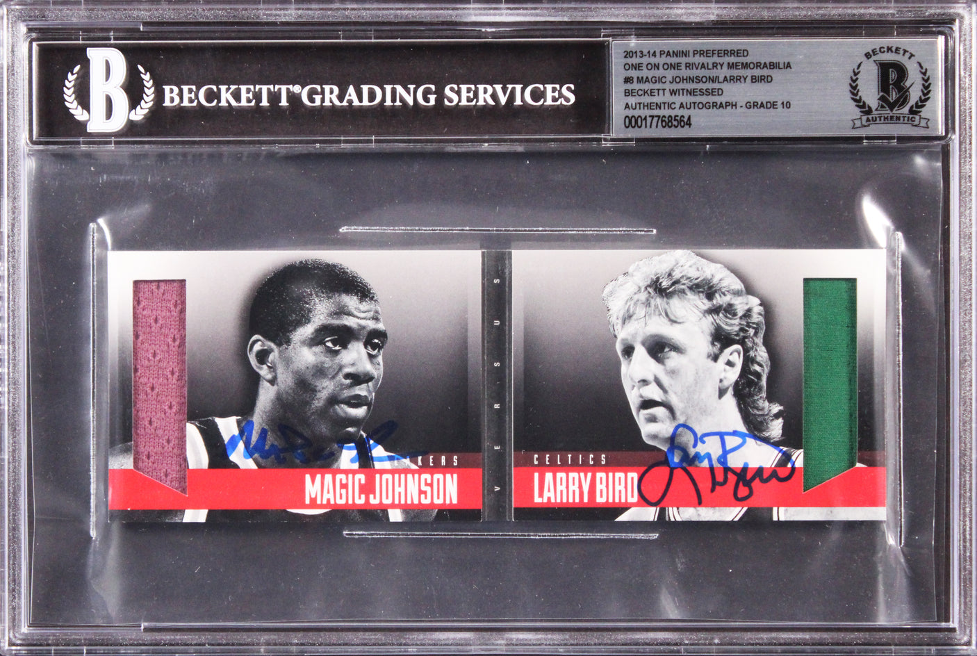 Larry Bird & Magic Johnson Signed 2013 Panini Preferred #8 Card Auto 10 BAS Slab