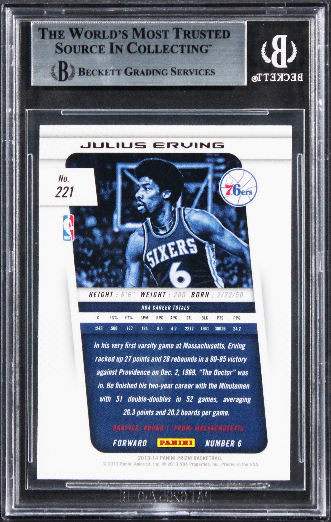 76ers Julius "Dr. J" Erving Signed 2013 Panini Prizm #221 Card BAS Slabbed