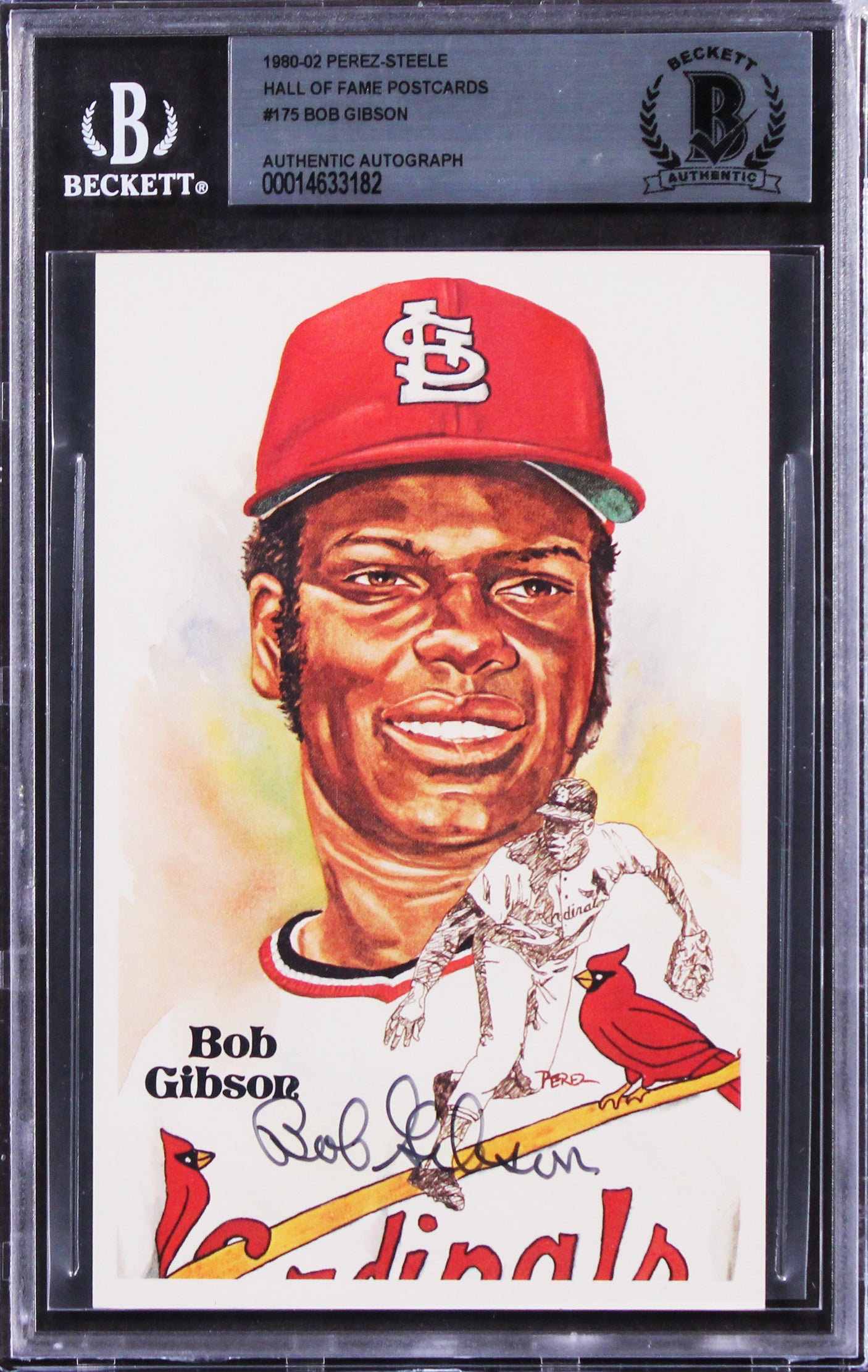 Cardinals Bob Gibson Signed 3.5x5.5 1980 Perez-Steele HOF Postcard #175 BAS Slab