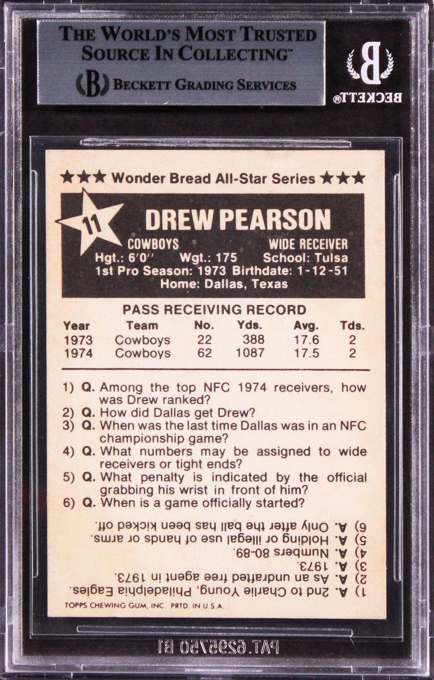 Cowboys Drew Pearson "HOF 21" Signed 1975 Wonder Bread #11 Card BAS Slabbed 2