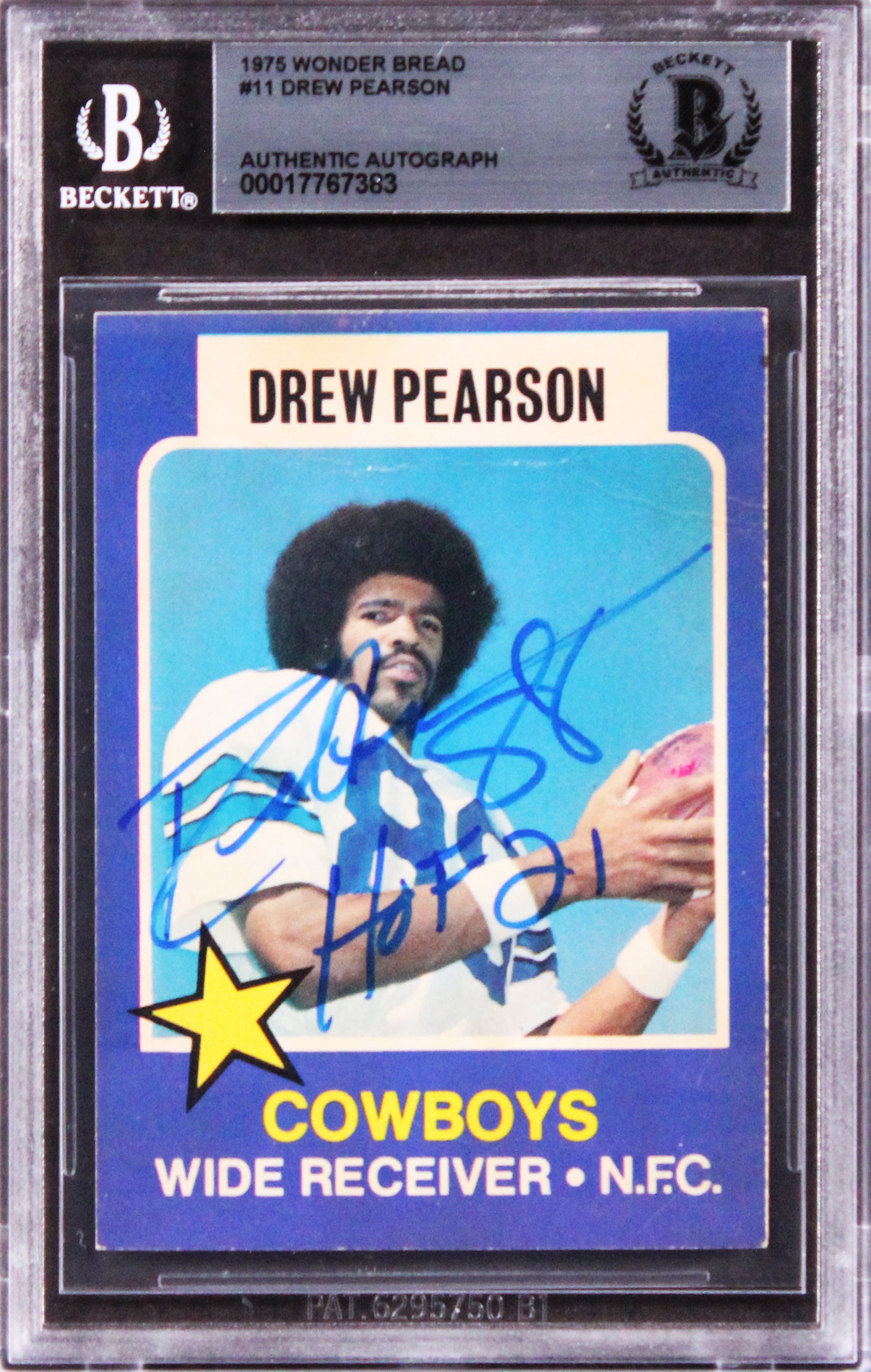 Cowboys Drew Pearson "HOF 21" Signed 1975 Wonder Bread #11 Card BAS Slabbed 1