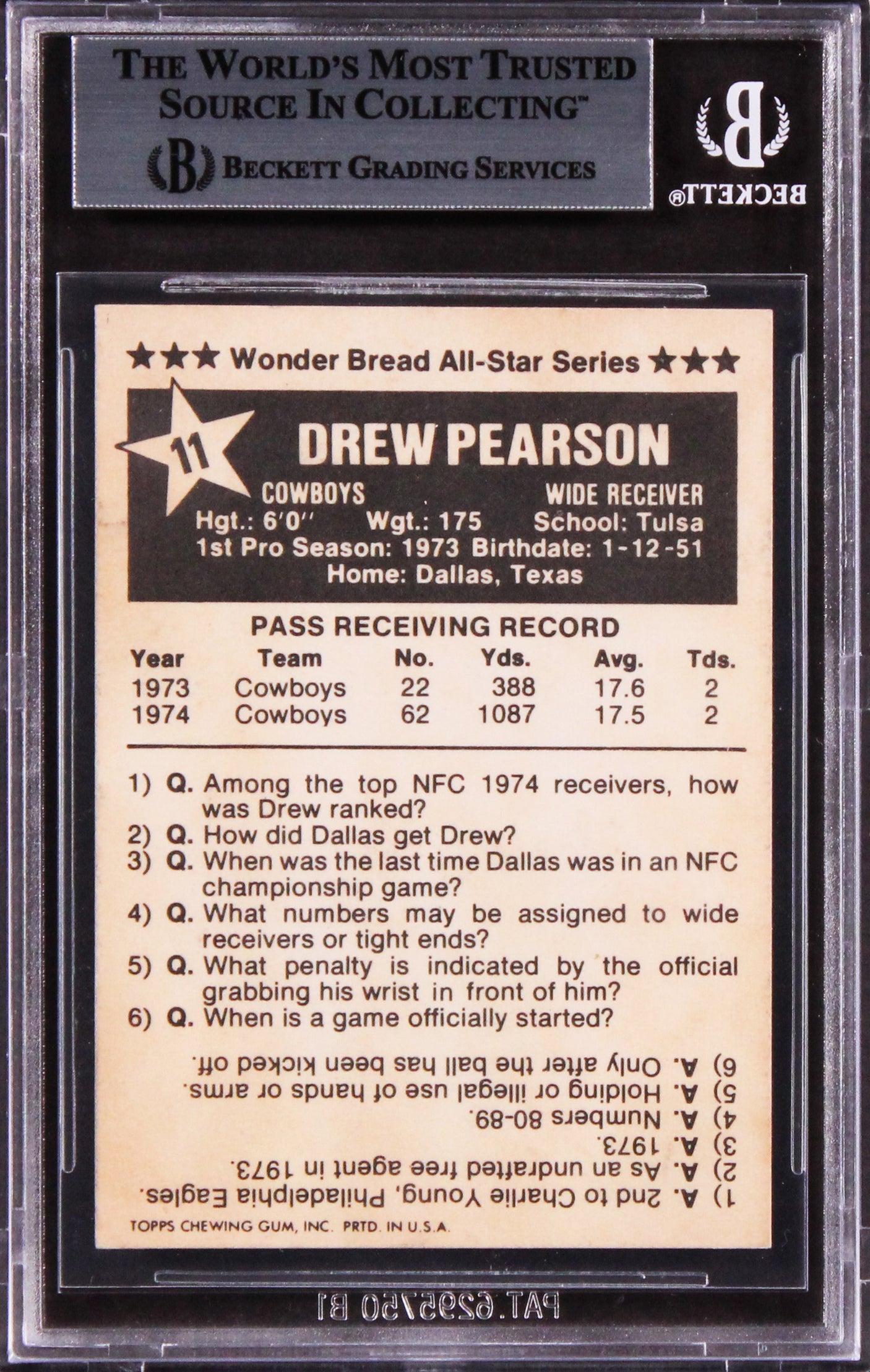 Cowboys Drew Pearson "HOF 21" Signed 1975 Wonder Bread #11 Card BAS Slabbed 1