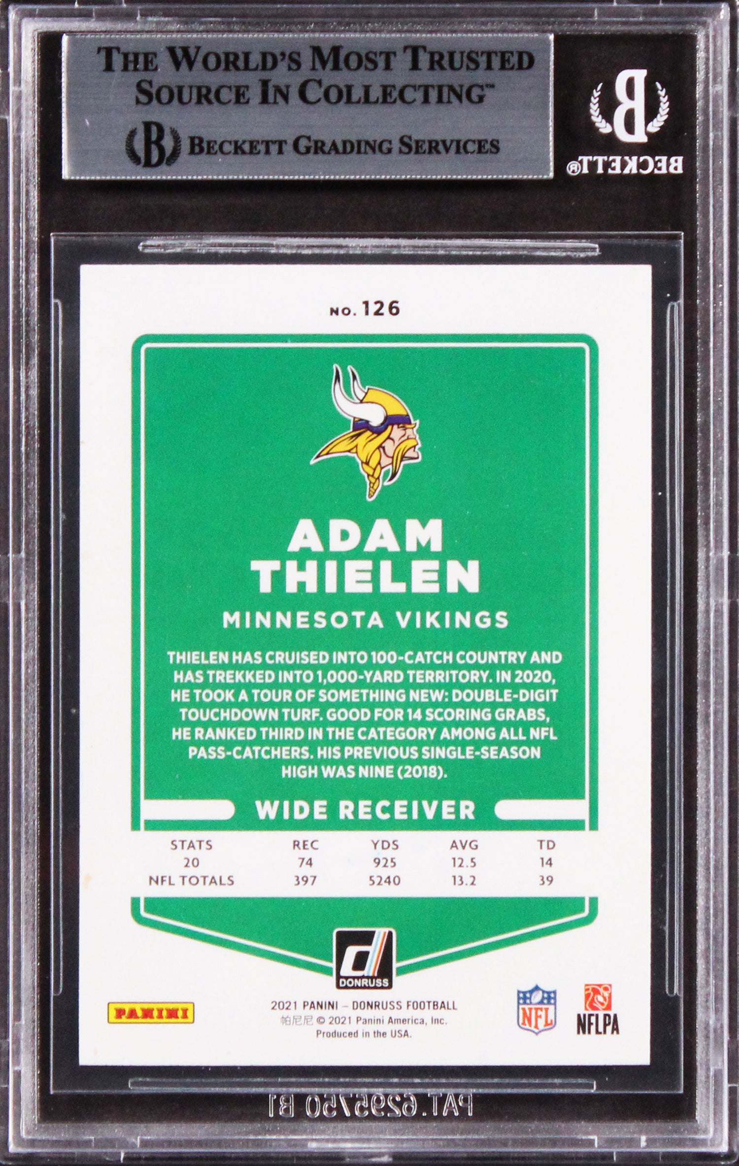 Vikings Adam Thielen Authentic Signed 2021 Donruss #126A Card BAS Slabbed