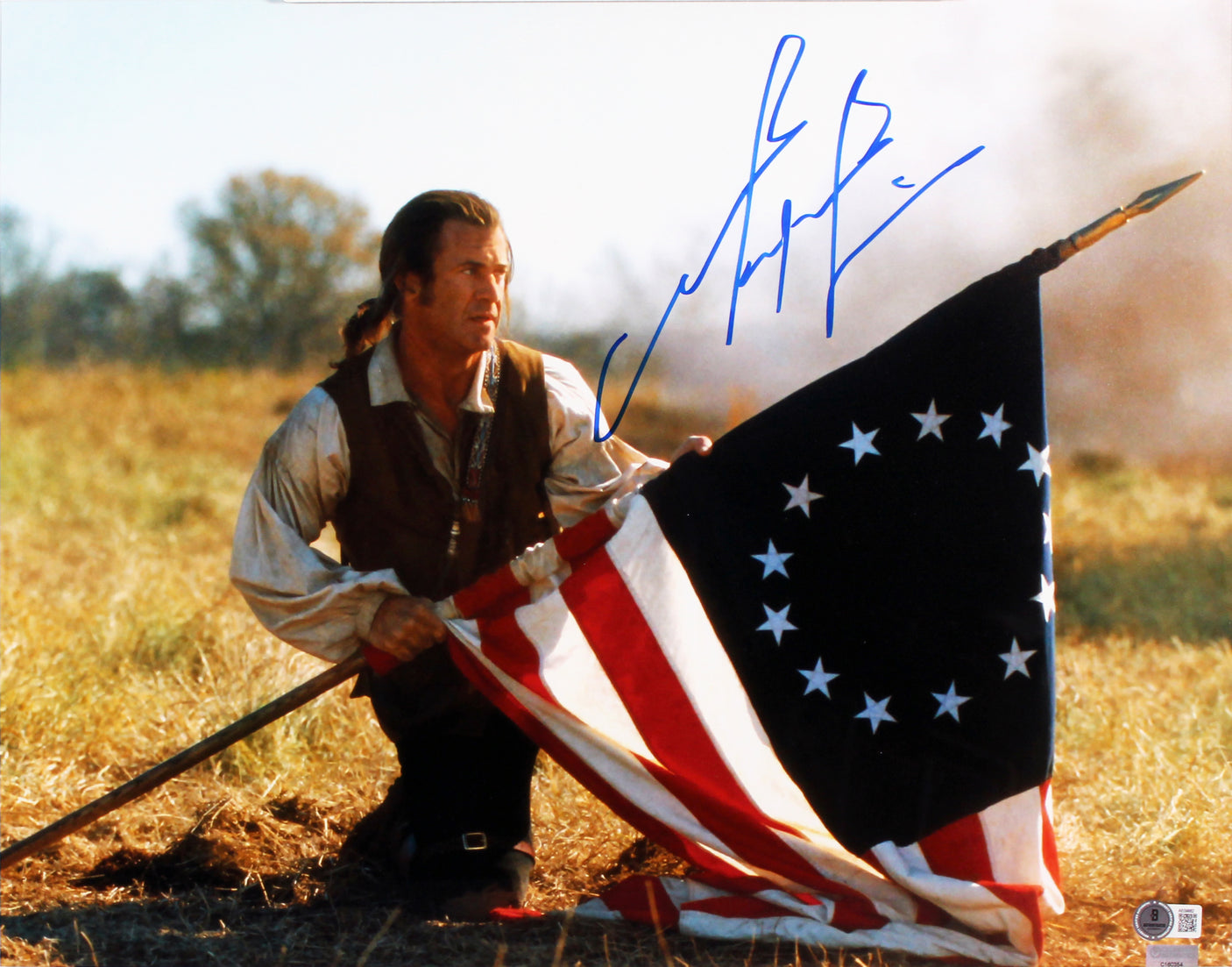 Mel Gibson The Patriot Authentic Signed 16x20 Framed Horizontal Flag Photo BAS 1