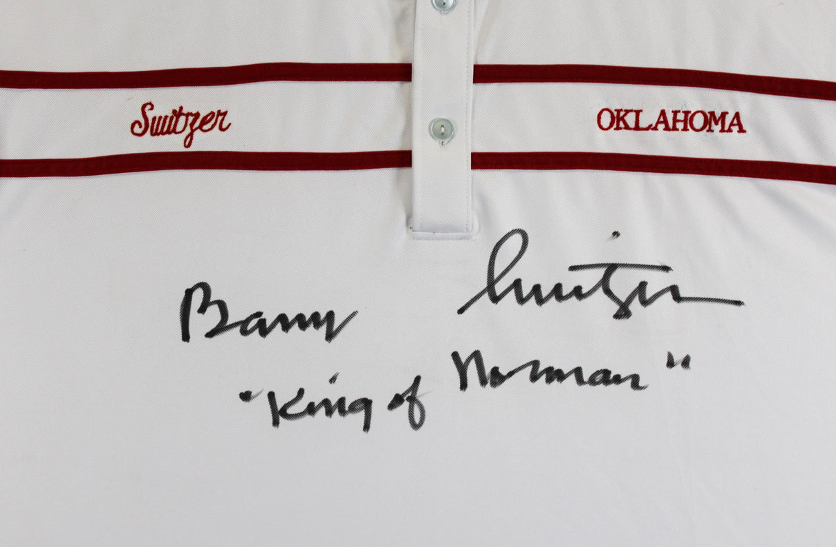 Oklahoma Barry Switzer "King of Norman" Signed White Polo Shirt BAS Witnessed