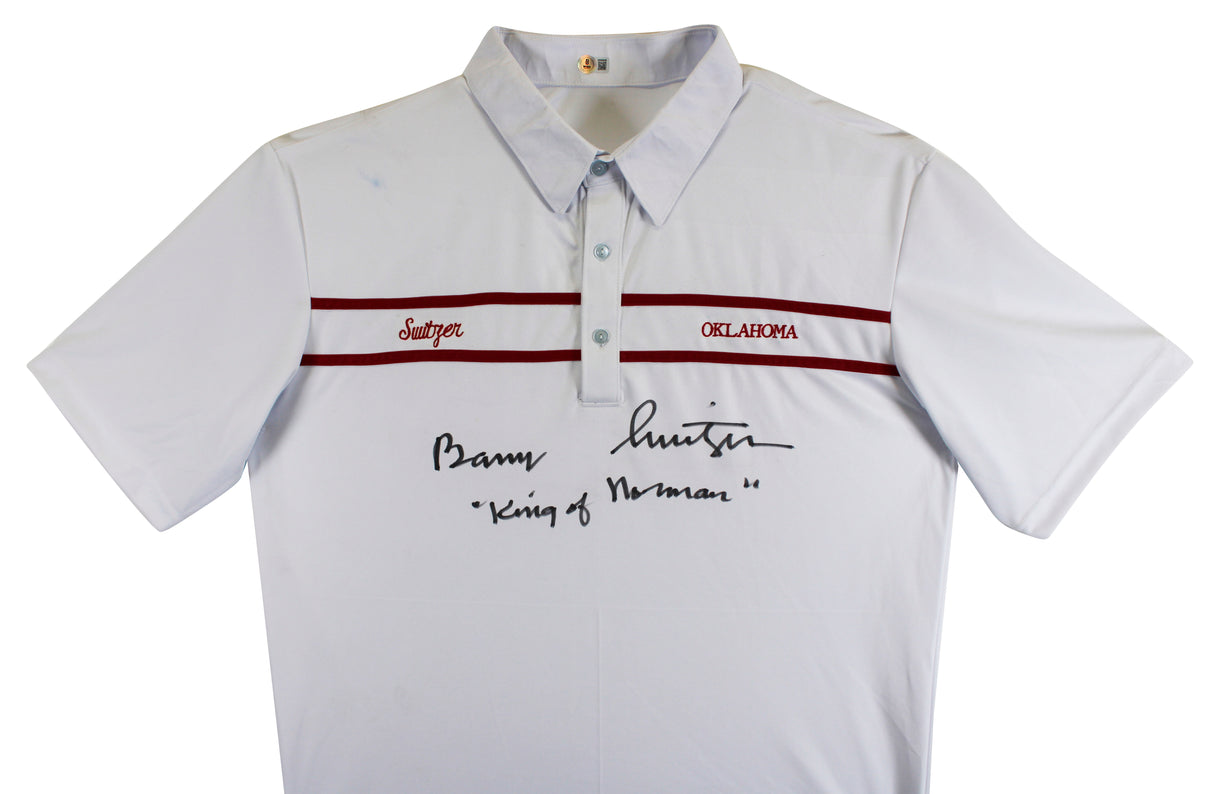 Oklahoma Barry Switzer "King of Norman" Signed White Polo Shirt BAS Witnessed