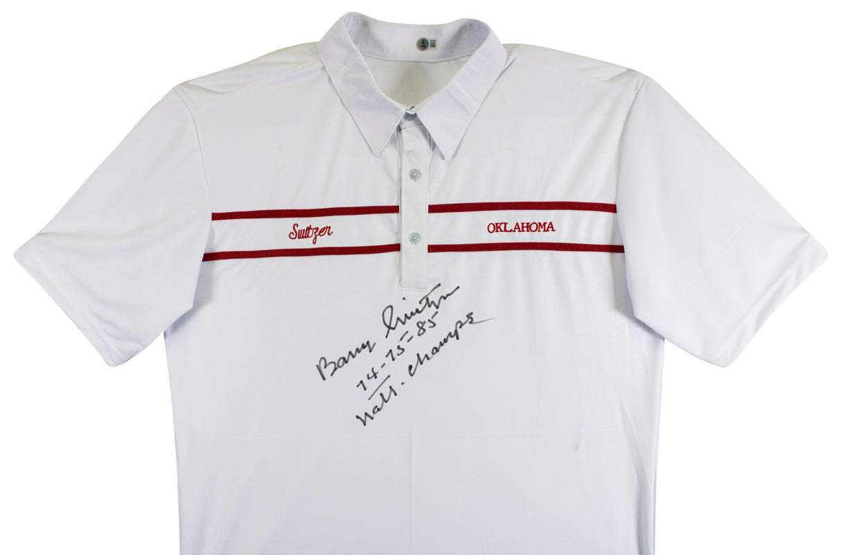 Oklahoma Barry Switzer "74-75-88 Natl Champs" Signed White Polo Shirt BAS Wit
