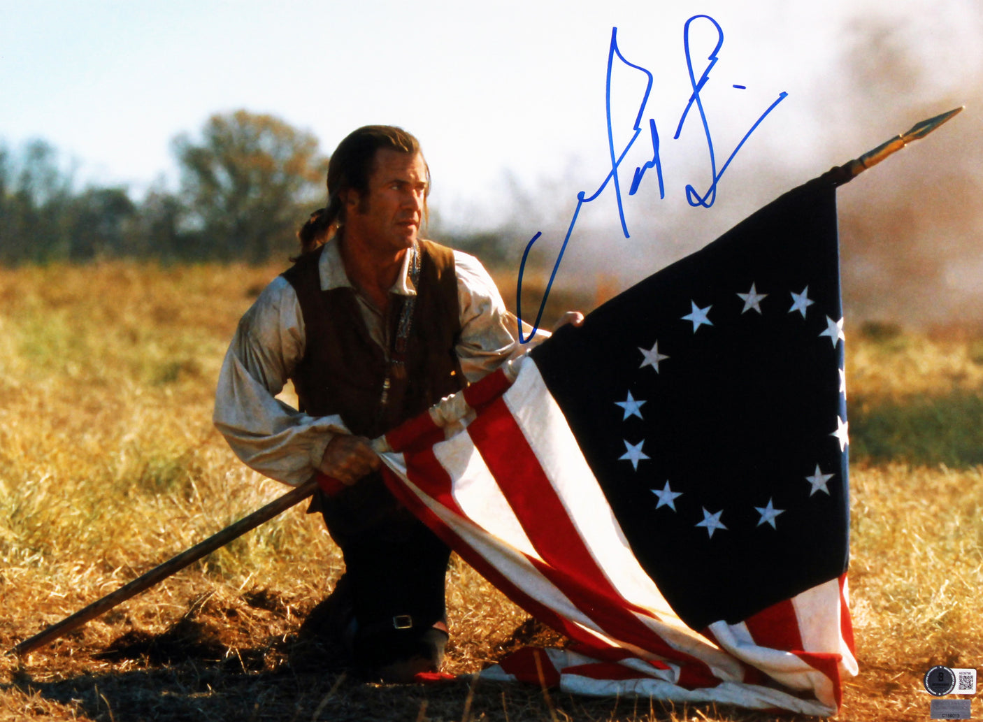 Mel Gibson The Patriot Authentic Signed 16x20 Framed Horizontal Flag Photo BAS 2