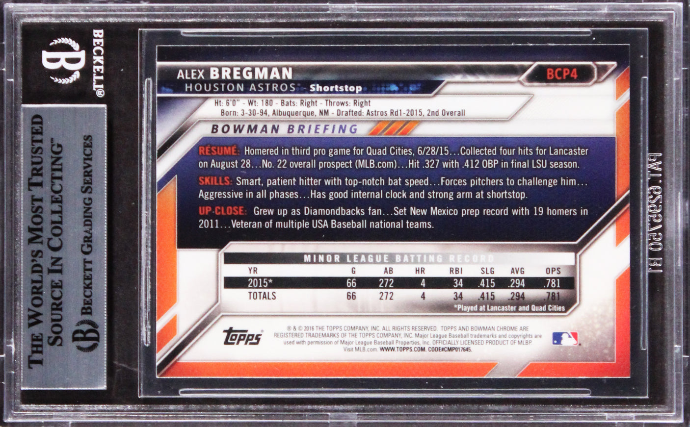 Astros Alex Bregman Signed 2016 Bowman Chrome Prospects #BCP4 RC Card BAS Slab 1