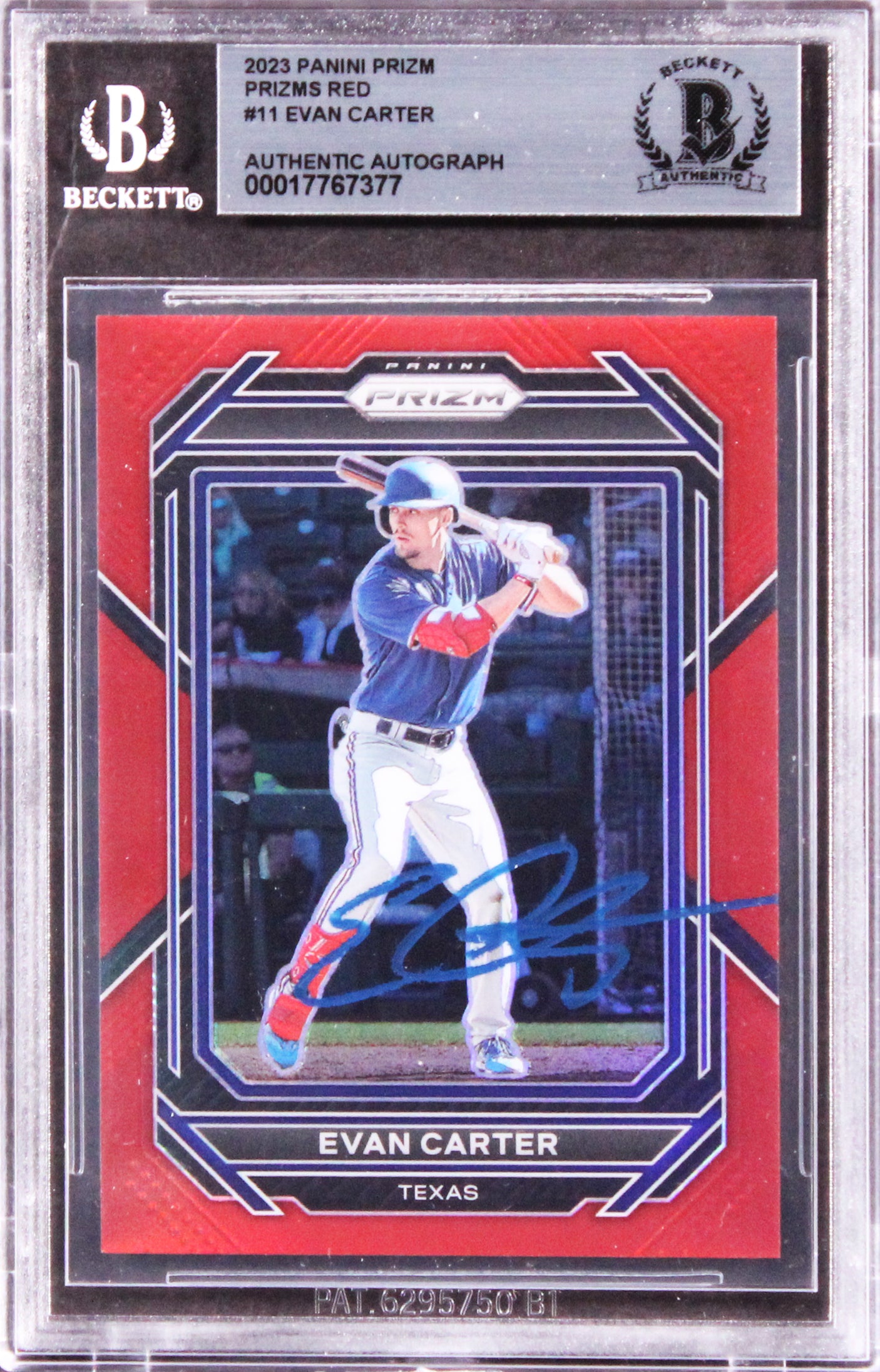Rangers Evan Carter Signed 2023 Panini Prizm Prizms Red #11 Rookie Card BAS Slab