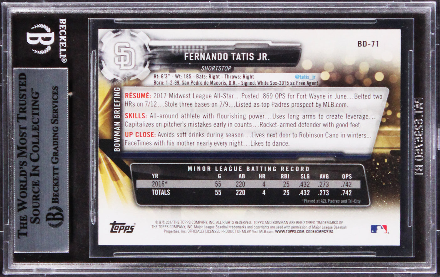 Padres Fernando Tatis Jr. Signed 2017 Bowman Draft #BD71 Rookie Card BAS Slabbed