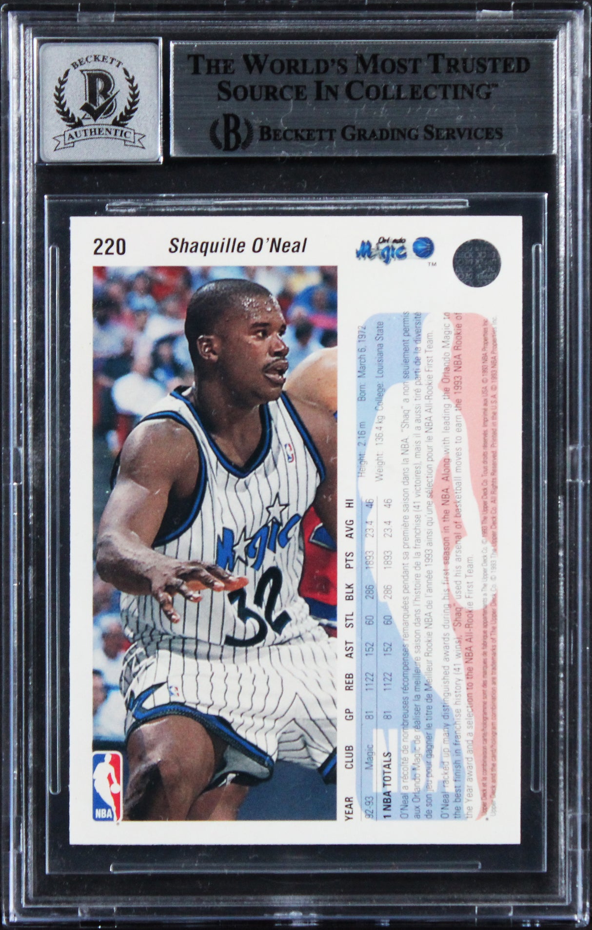 Shaquille O'Neal Signed 1993 Upper Deck Intl #220 RC Card Auto 10! BAS Slabbed