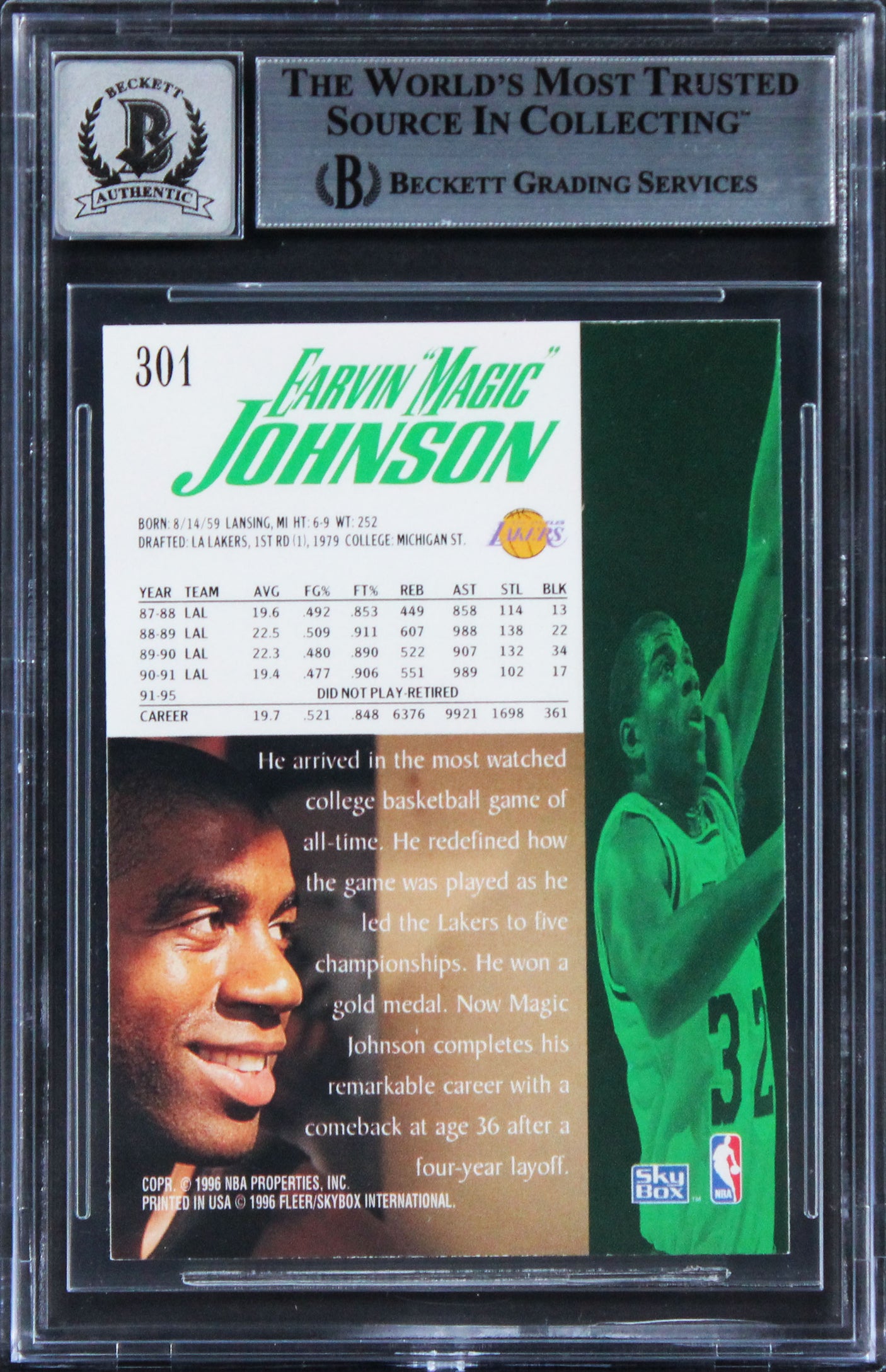 Lakers Magic Johnson Signed 1995 Skybox Premium #301 Card Auto 10! BAS Slabbed 2