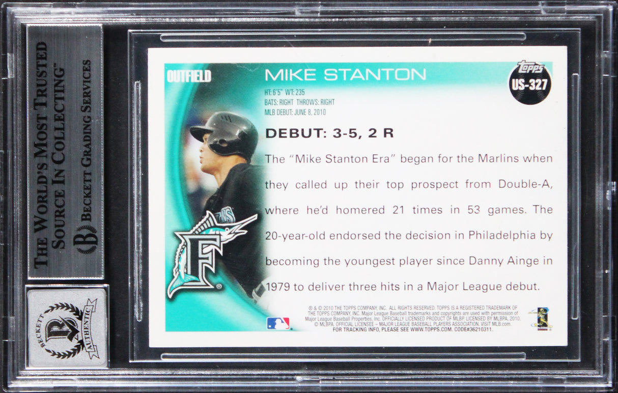 Marlins Mike Stanton Signed 2010 Topps Update #US327 RC Card Auto 10 BAS Slabbed