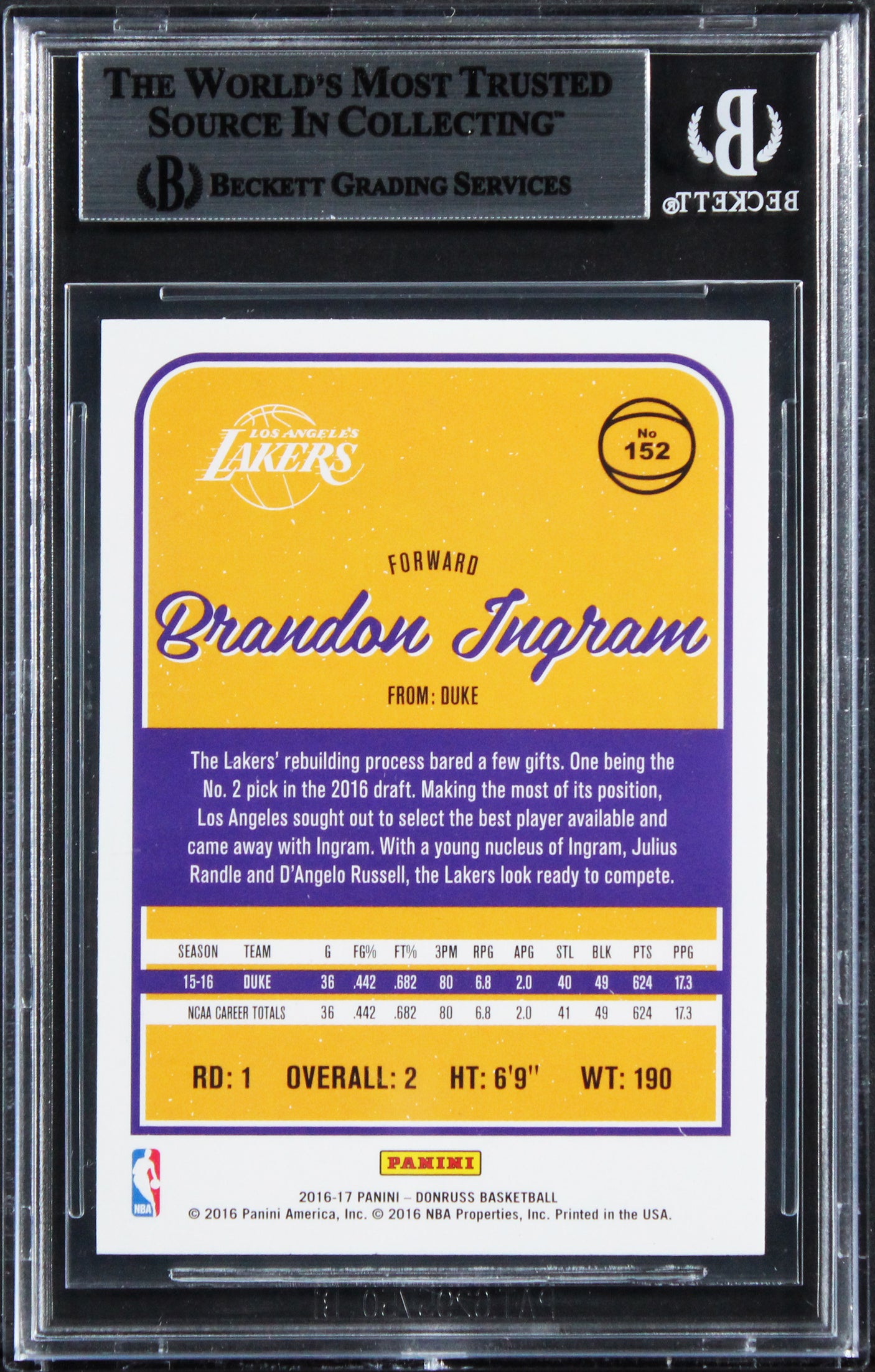Lakers Brandon Ingram Authentic Signed 2016 Donruss #152 Rookie Card BAS Slabbed