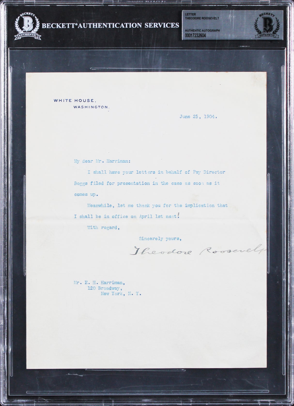 Theodore Roosevelt Signed 7.25x8.75 Letter Dated June 25, 1904 BAS Slabbed