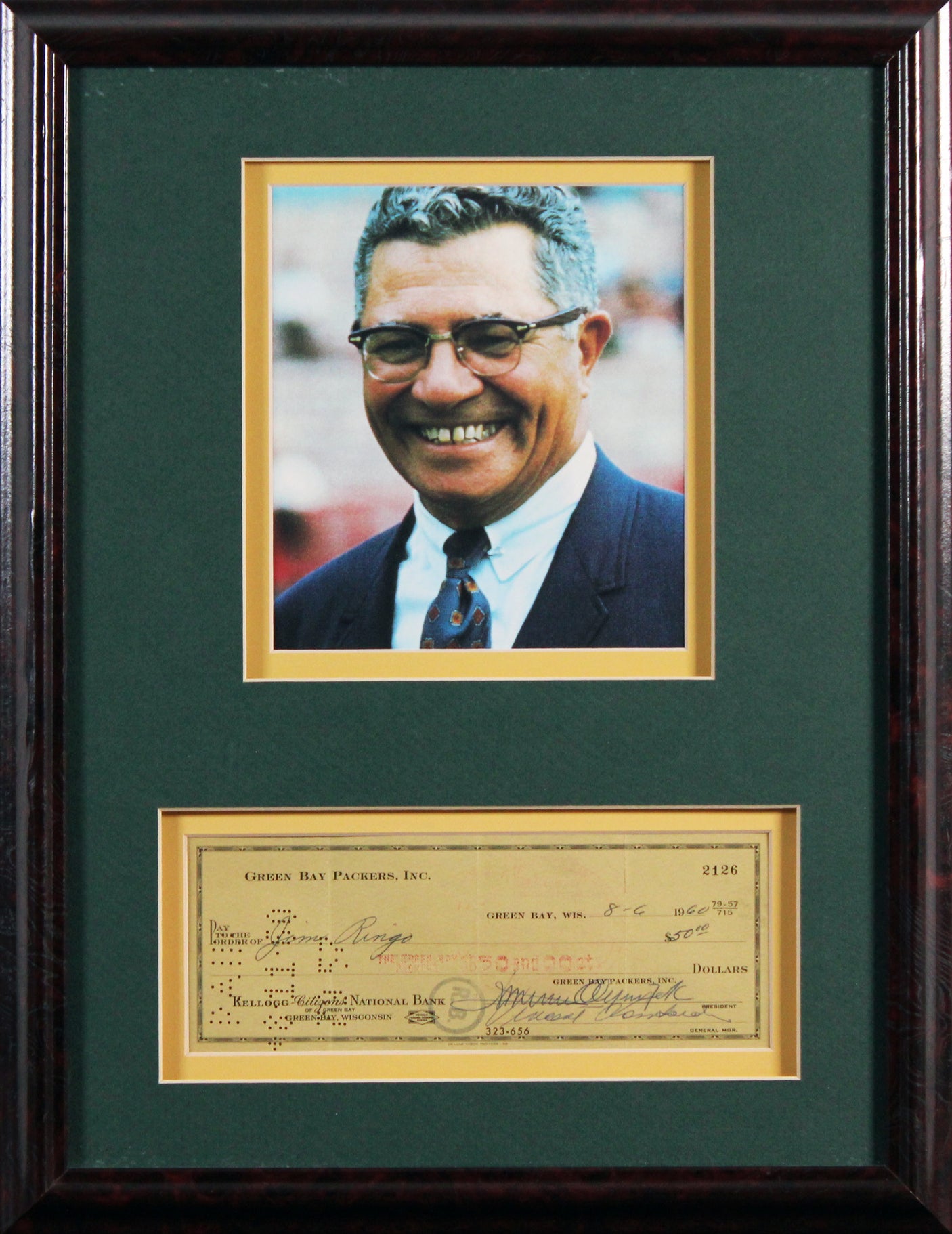 Vince Lombardi Signed & Framed Green Bay Packers 3x8 1960 Check BAS #AE13294
