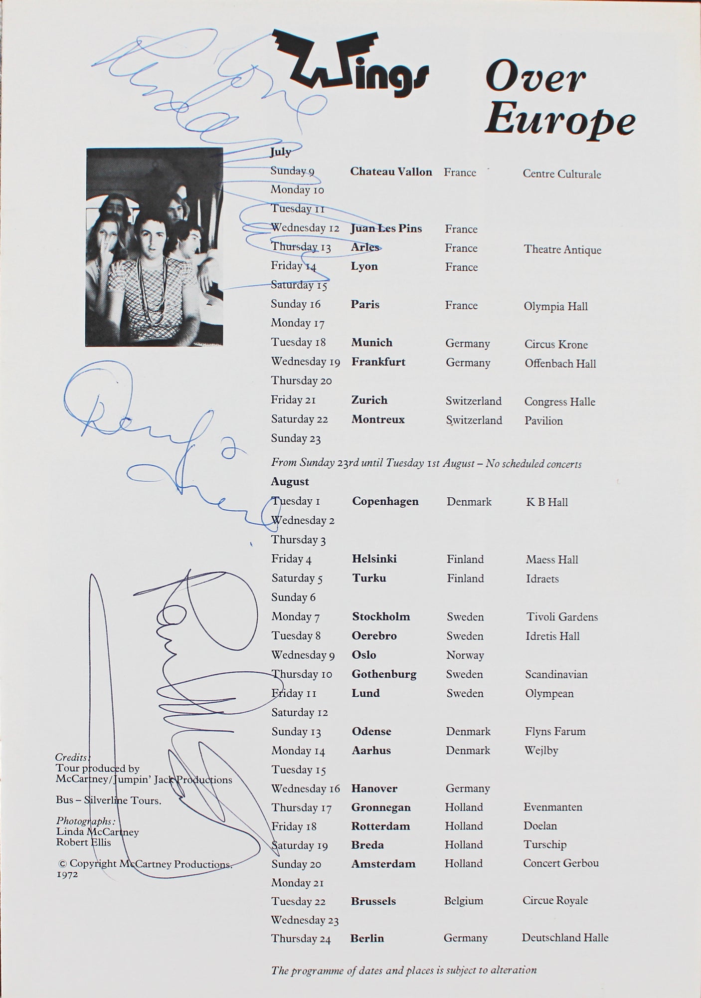(3) Linda & Paul McCartney, Denny Lane Signed Wings Over Europe Tour Program BAS